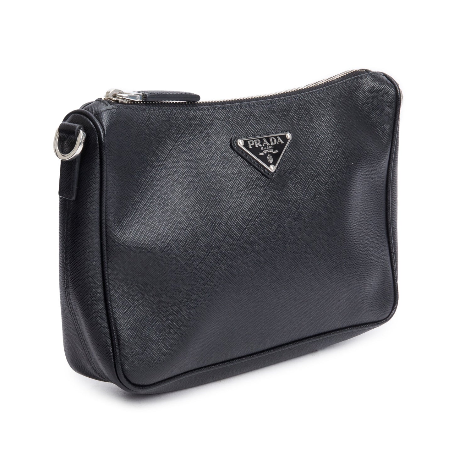 Prada 2020 Black Saffiano Travel Pocket Zippered Shoulder Bag
