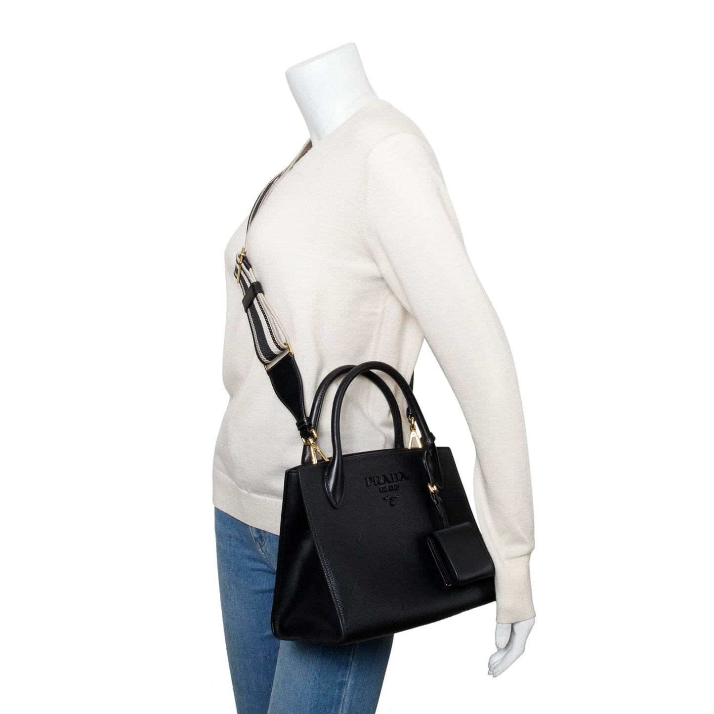 Prada 2022 Black Saffiano Cuir Small Monochrome Top Handle Tote