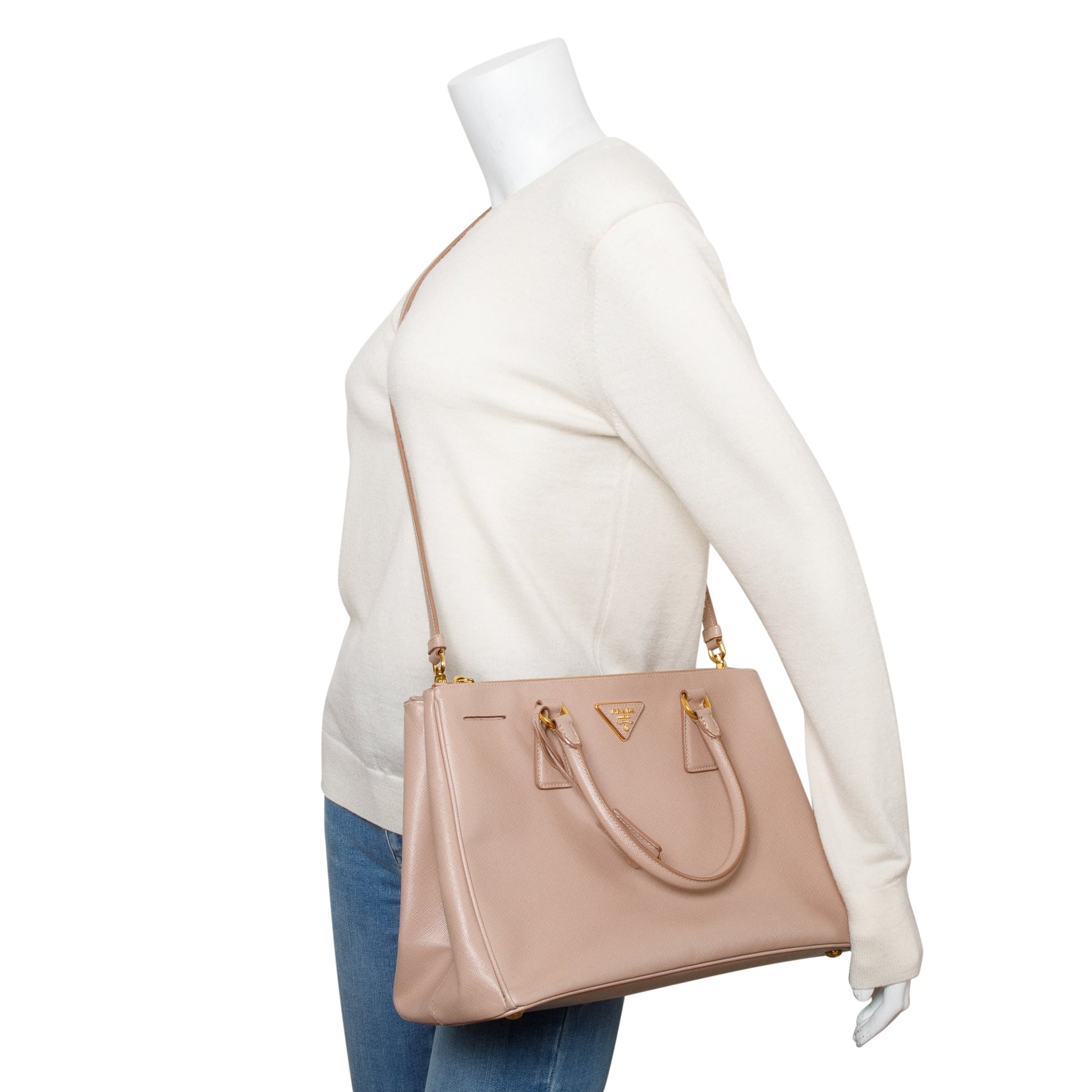 Prada Beige Saffiano Lux Medium Double Zip Galleria Tote