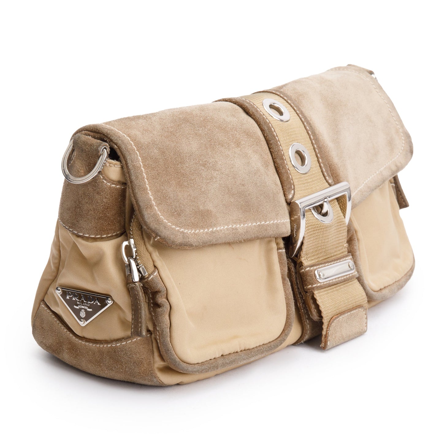 Prada Beige Suede Trim Nylon Buckle Flap Bag