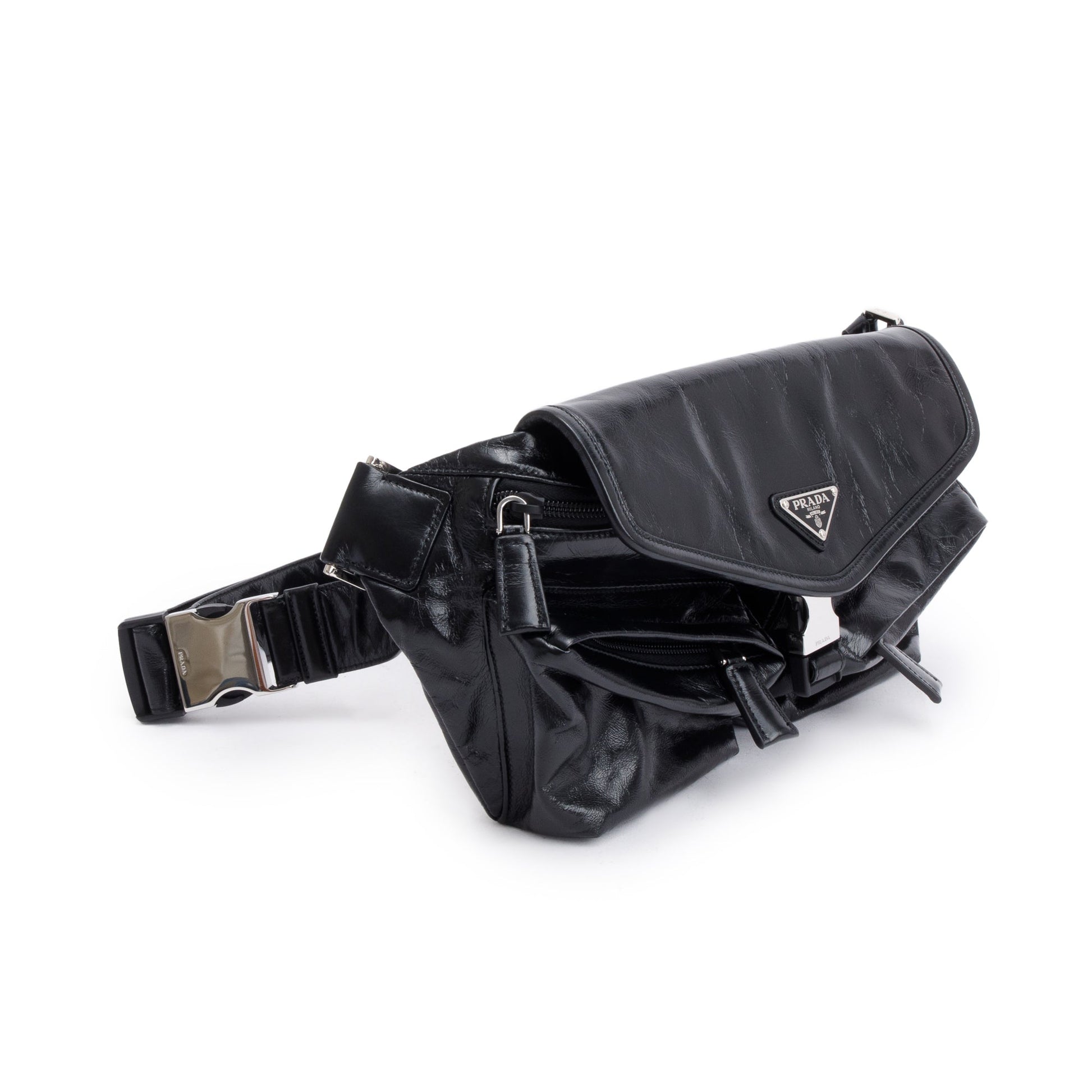 Prada Black Aged Calfskin Leather Belt Bag
