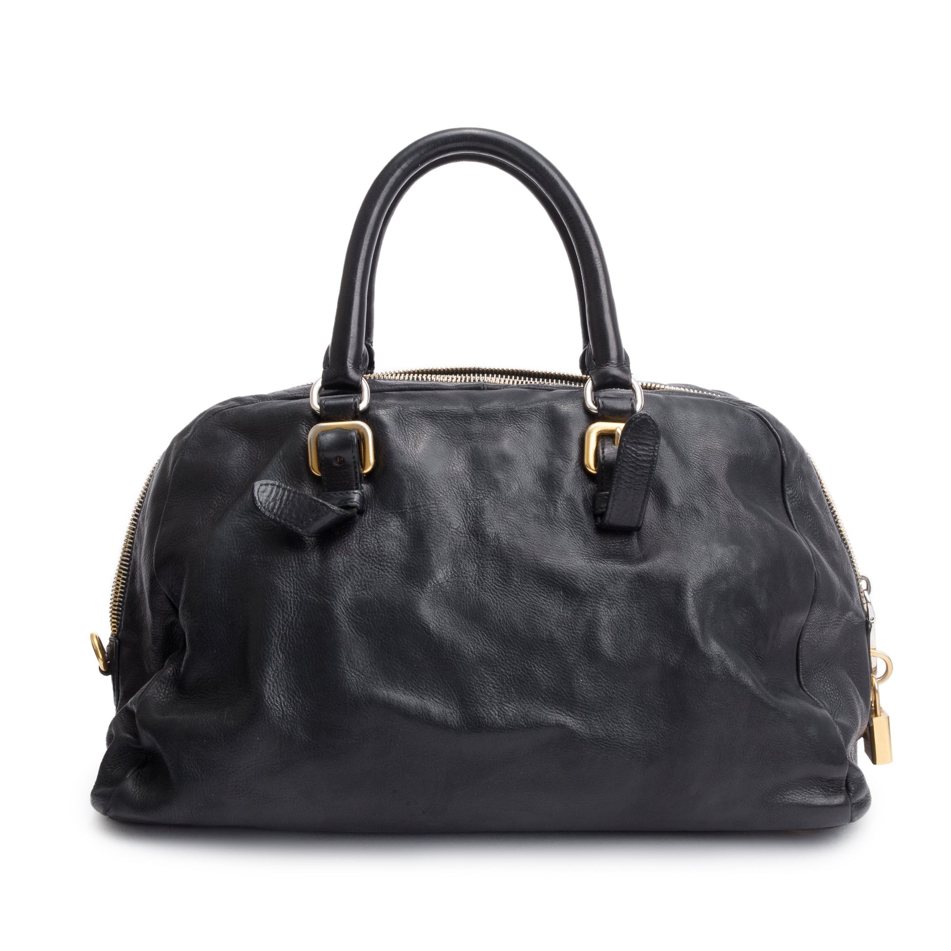 Prada Black Glace Zipper Bowler Bag