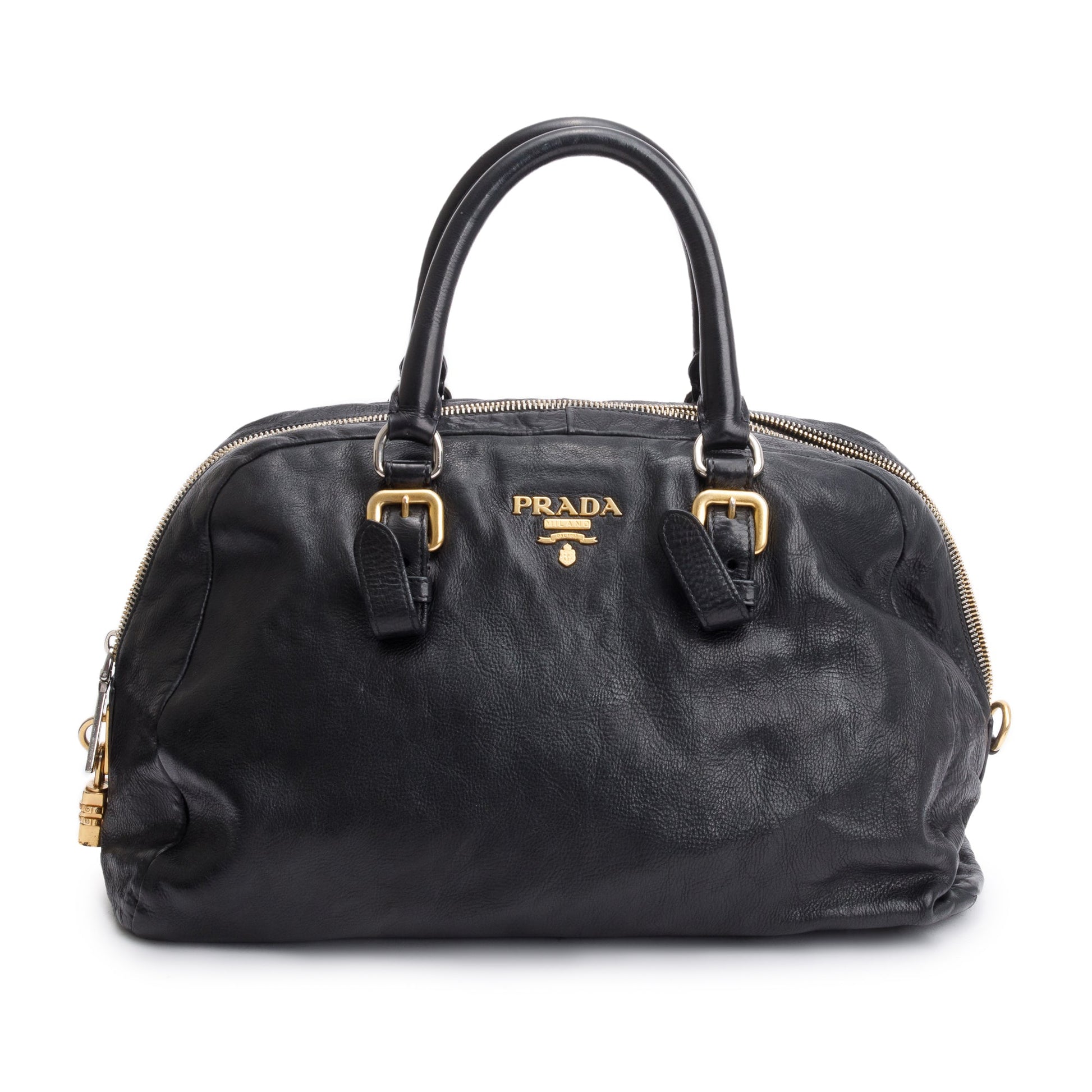 Prada Black Glace Zipper Bowler Bag