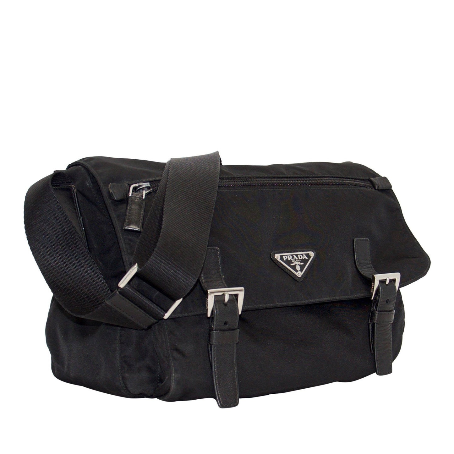 Prada Black Leather-Trimmed Tessuto Bag