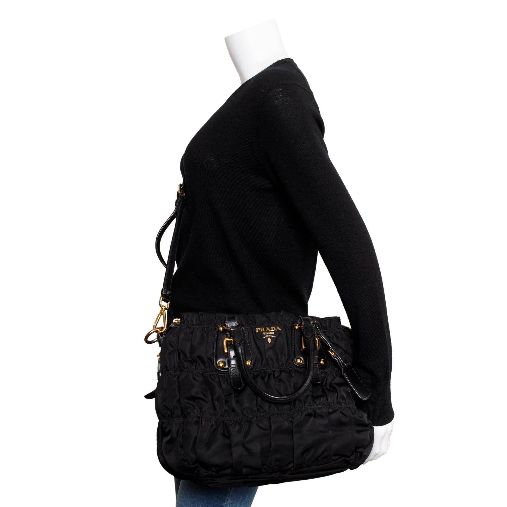 Prada Black Leather-Trimmed Tessuto Gaufre Tote