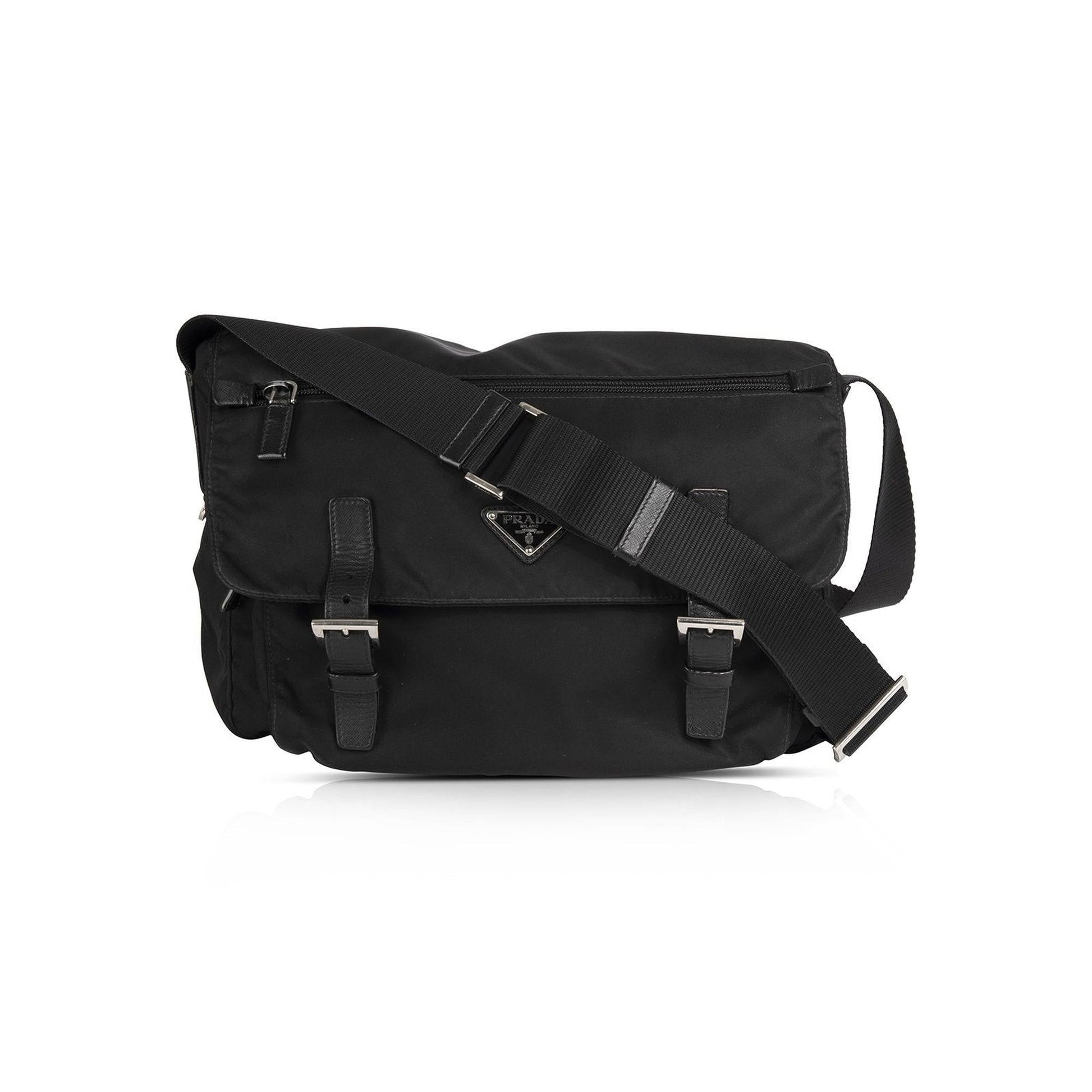 Prada Black Leather-Trimmed Tessuto Messenger Bag
