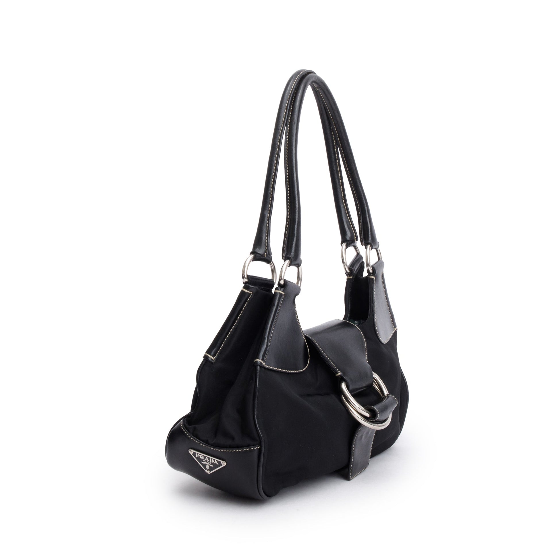 Prada Black Leather-Trimmed Tessuto Nylon Moon Bag