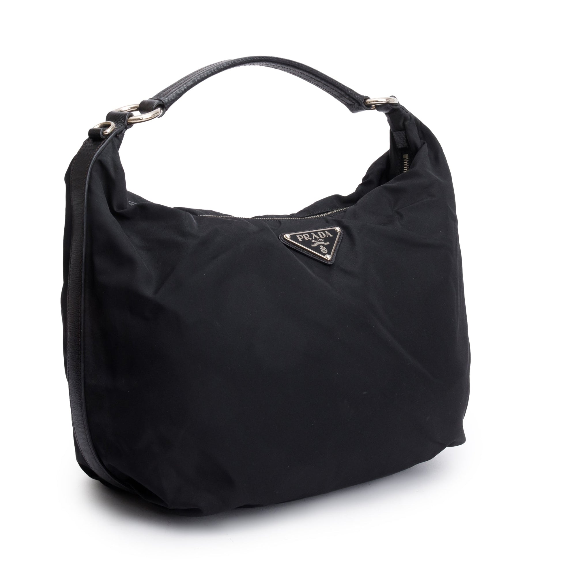 Prada Black Saffiano Leather-Trimmed Tessuto Nylon Hobo Bag