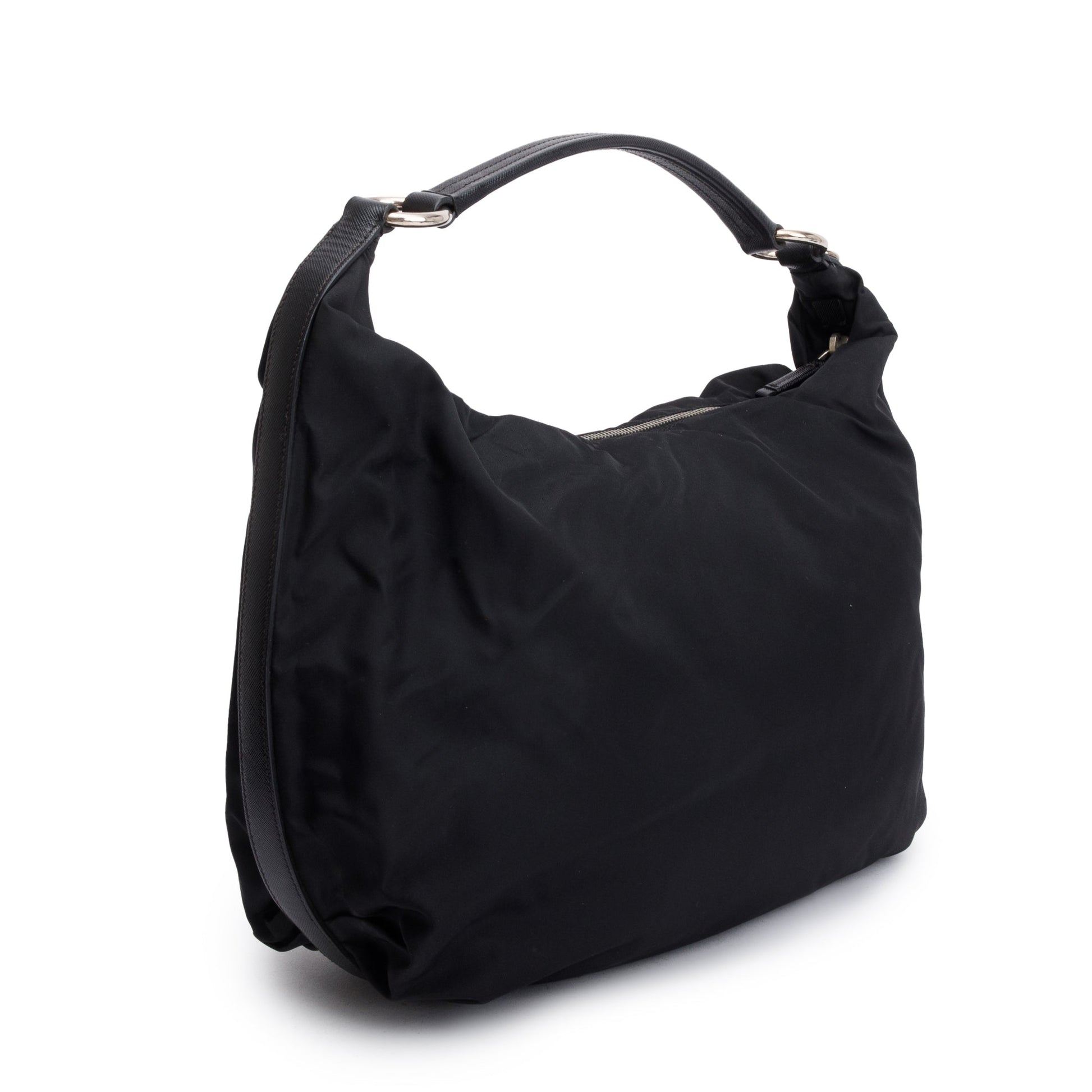 Prada Black Saffiano Leather-Trimmed Tessuto Nylon Hobo Bag