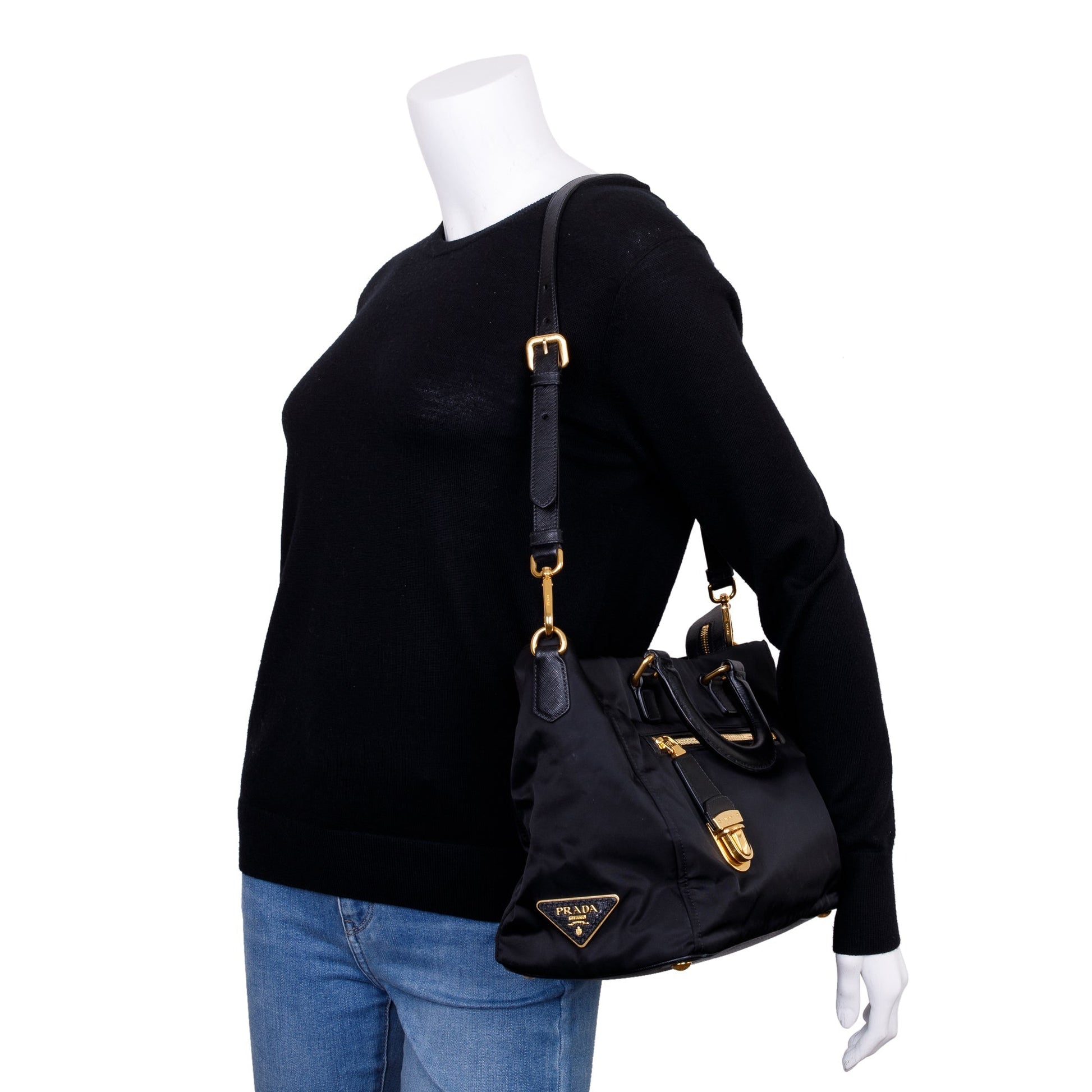 Prada Black Saffiano-Trimmed Tessuto Nylon Tote