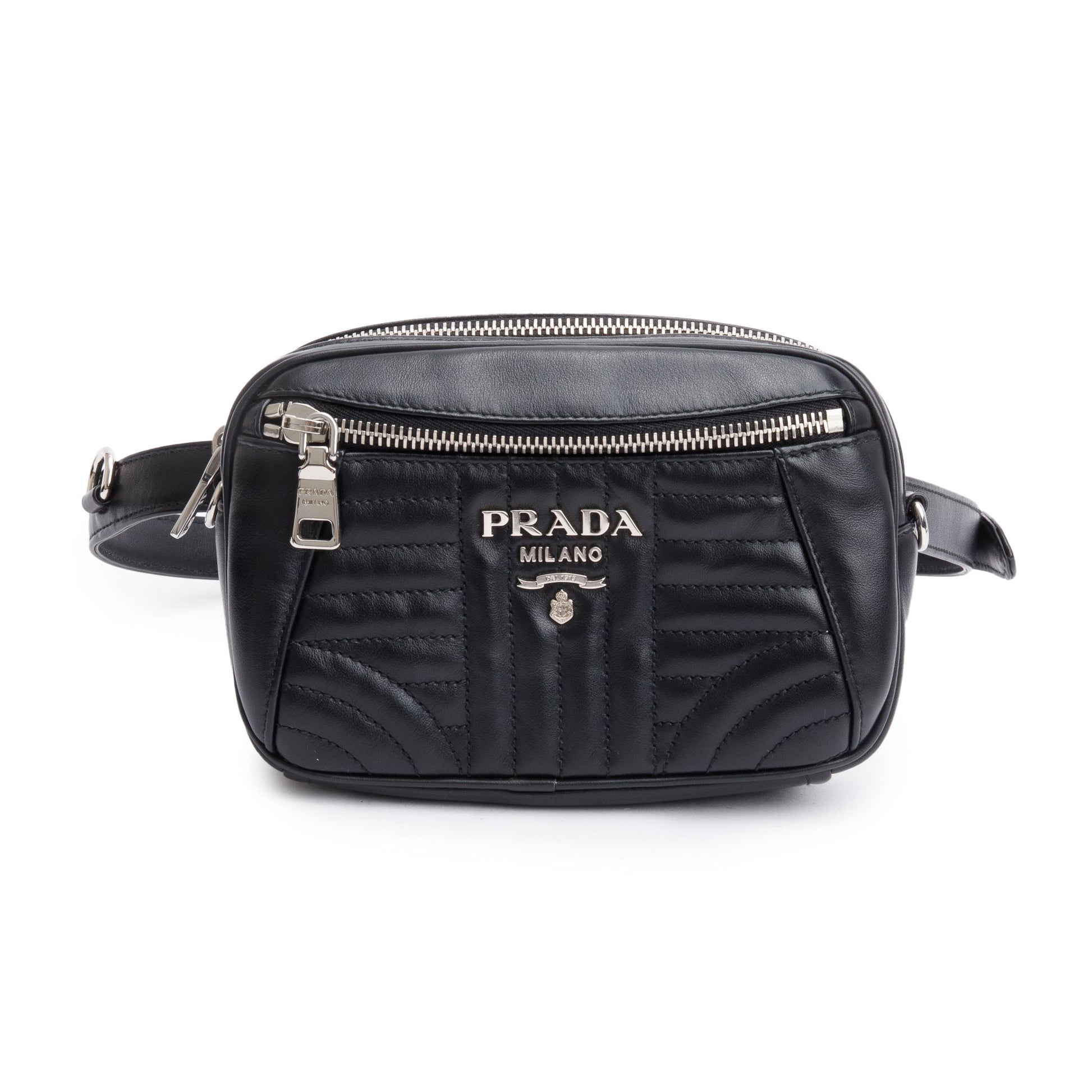 Prada Black Soft Calf Impuntu Logo Diagramme Camera Belt Bag