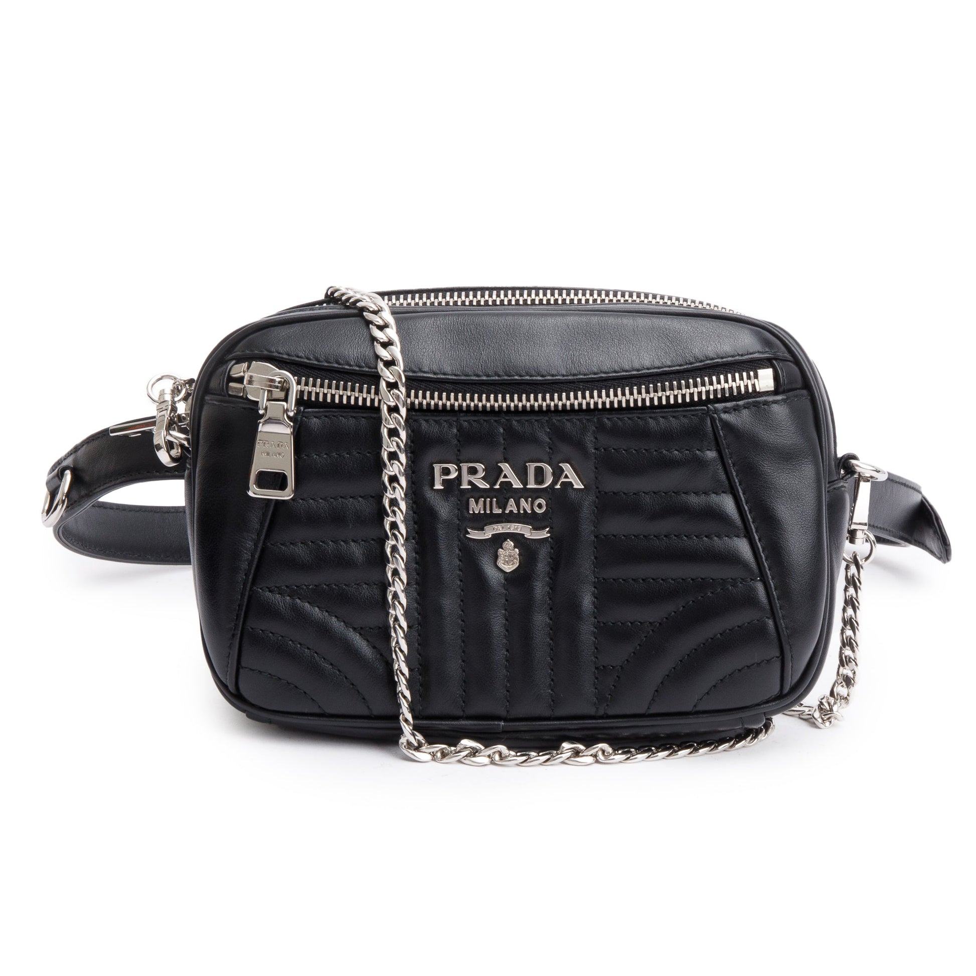 Prada Black Soft Calf Impuntu Logo Diagramme Camera Belt Bag