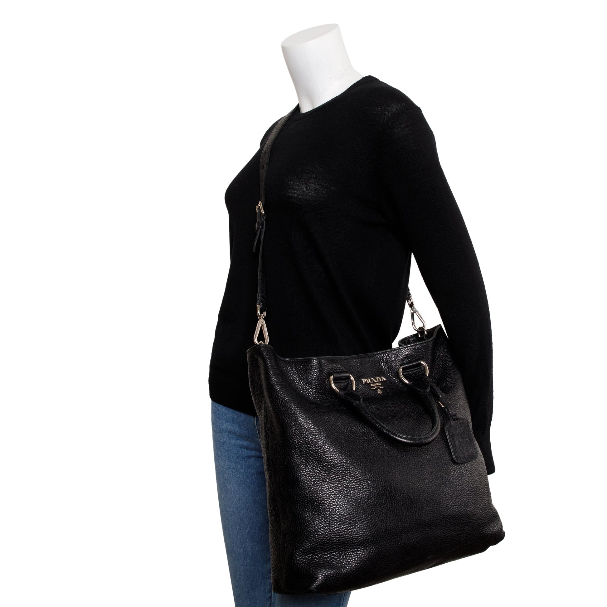 Prada Black Vitello Daino Leather Large Shopping Tote