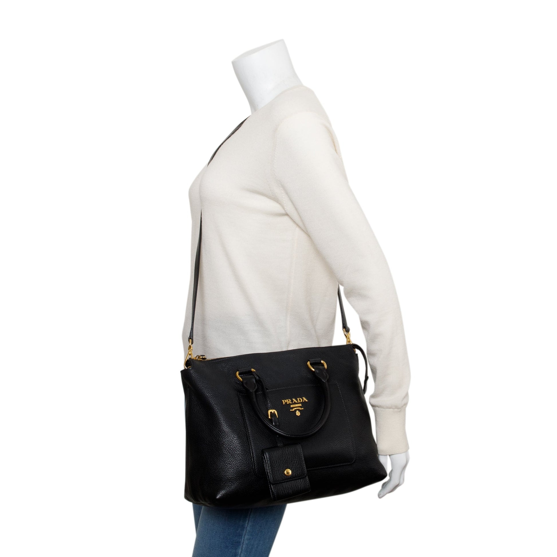 Prada Black Vitello Daino Leather Pocket Zip Tote
