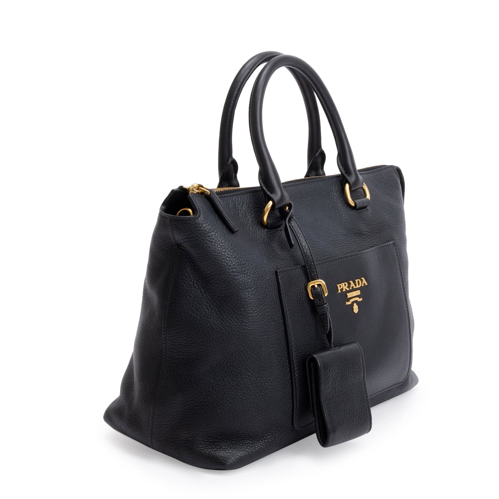 Prada Black Vitello Daino Leather Pocket Zip Tote