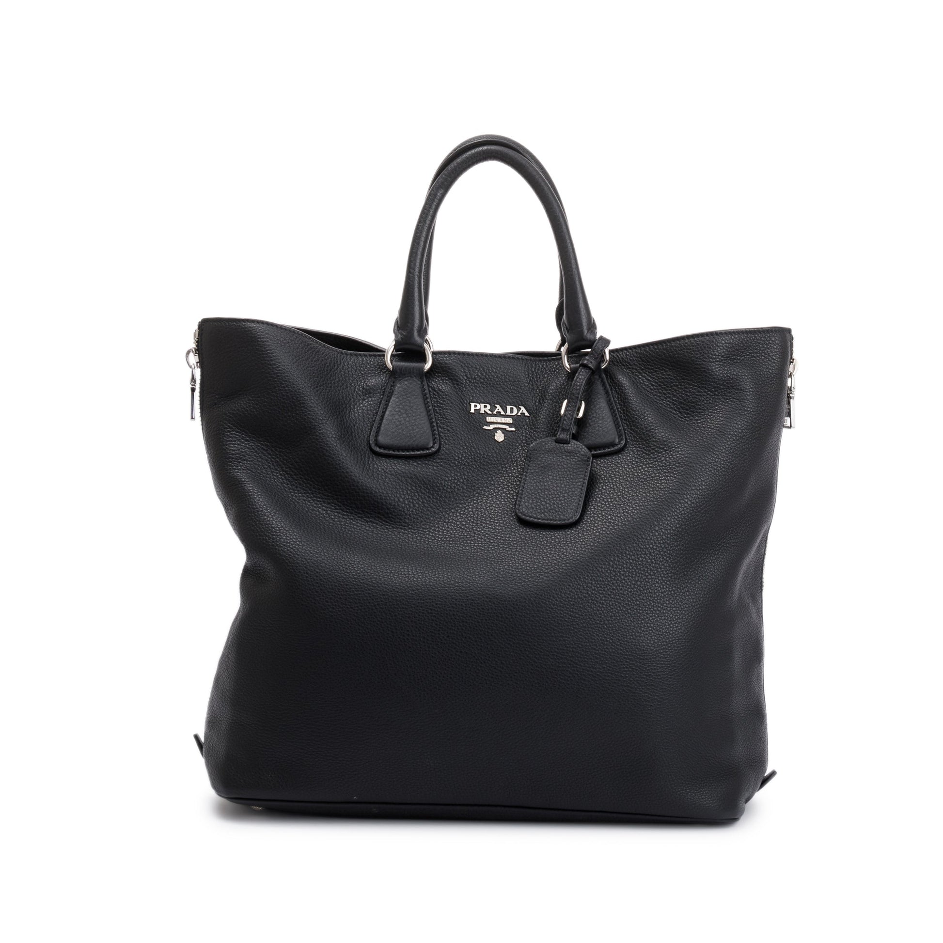 Prada Black Vitello Daino Leather Side Zip Shopping Tote