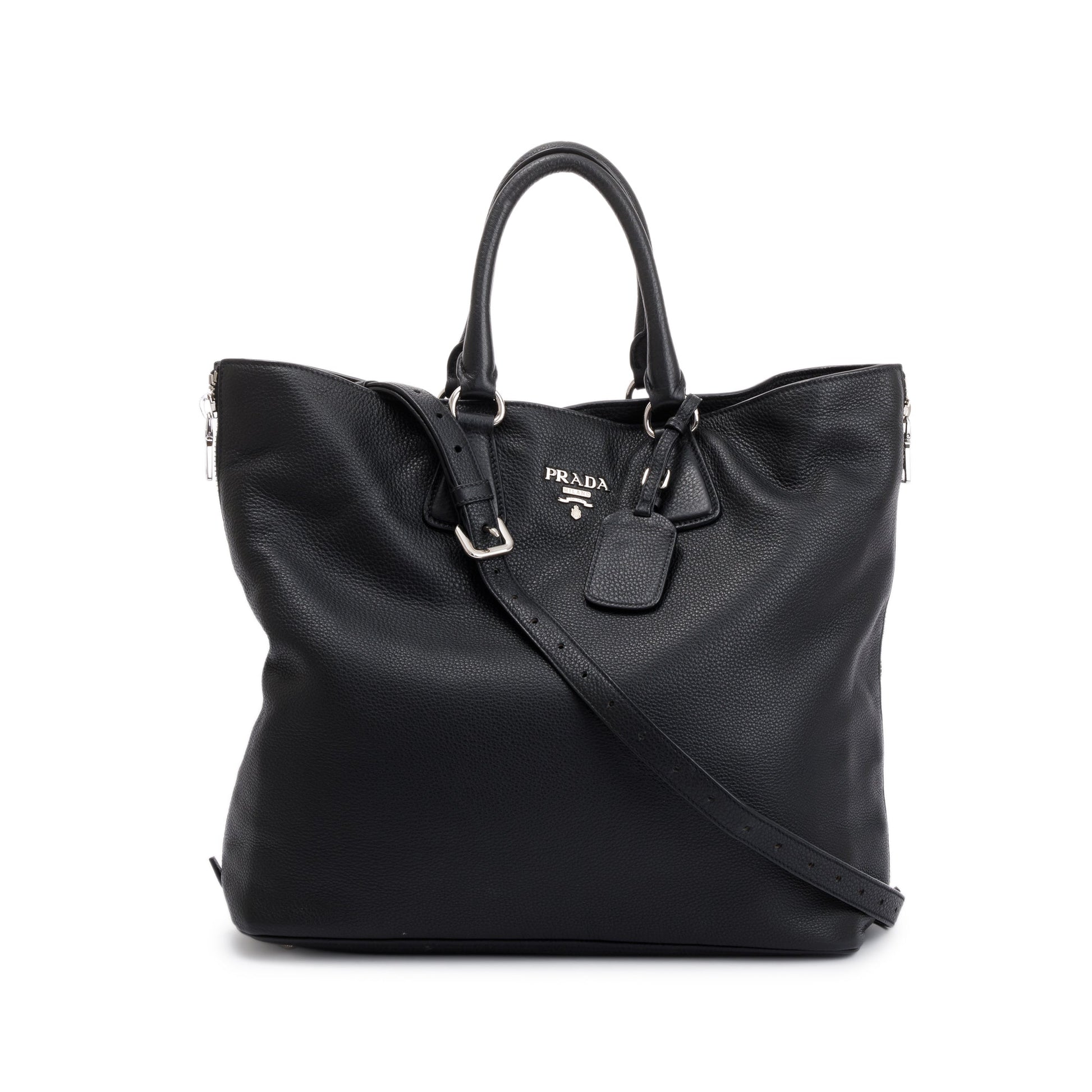Prada Black Vitello Daino Leather Side Zip Shopping Tote