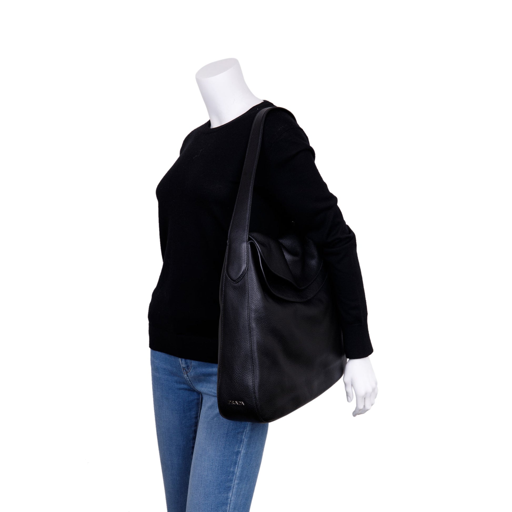 Prada Black Vitello Daino Medium Double Flap Hobo