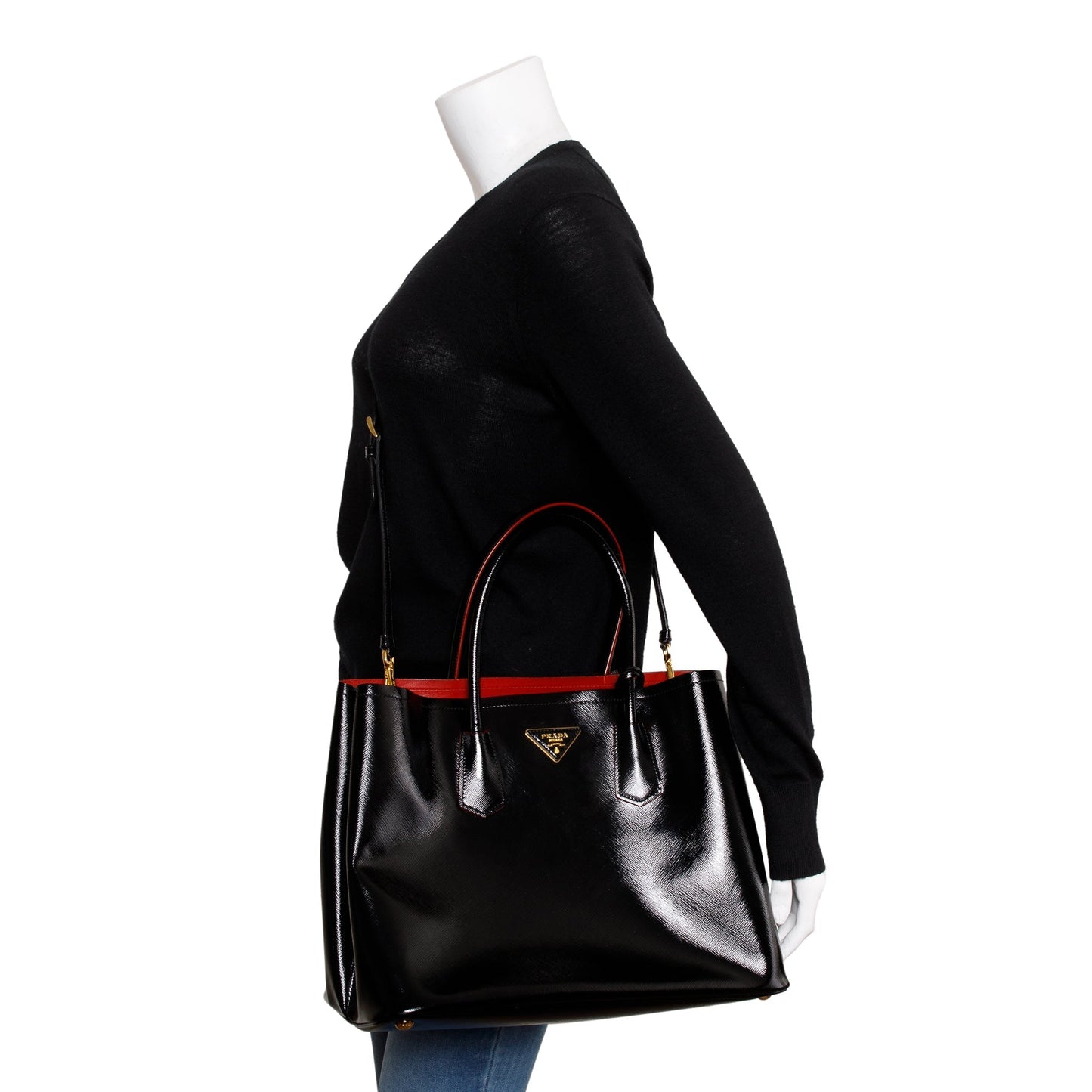 Prada Black/Red Saffiano Vernice Shiny Medium Cuir Double Tote