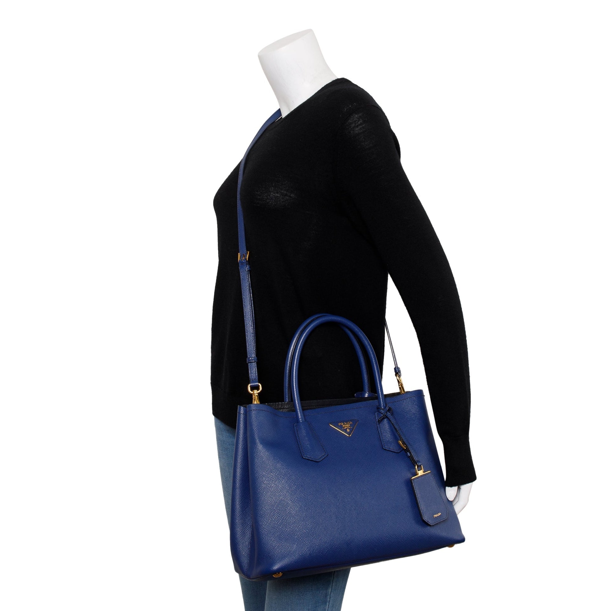 Prada Blue Saffiano Lux Medium Cuir Double Tote