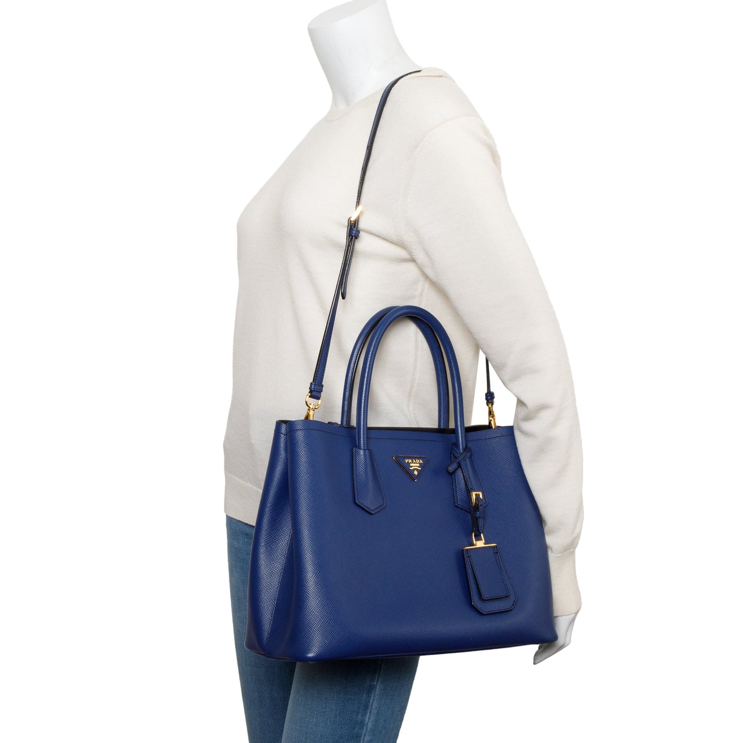 Prada Blue Saffiano Lux Medium Cuir Double Tote
