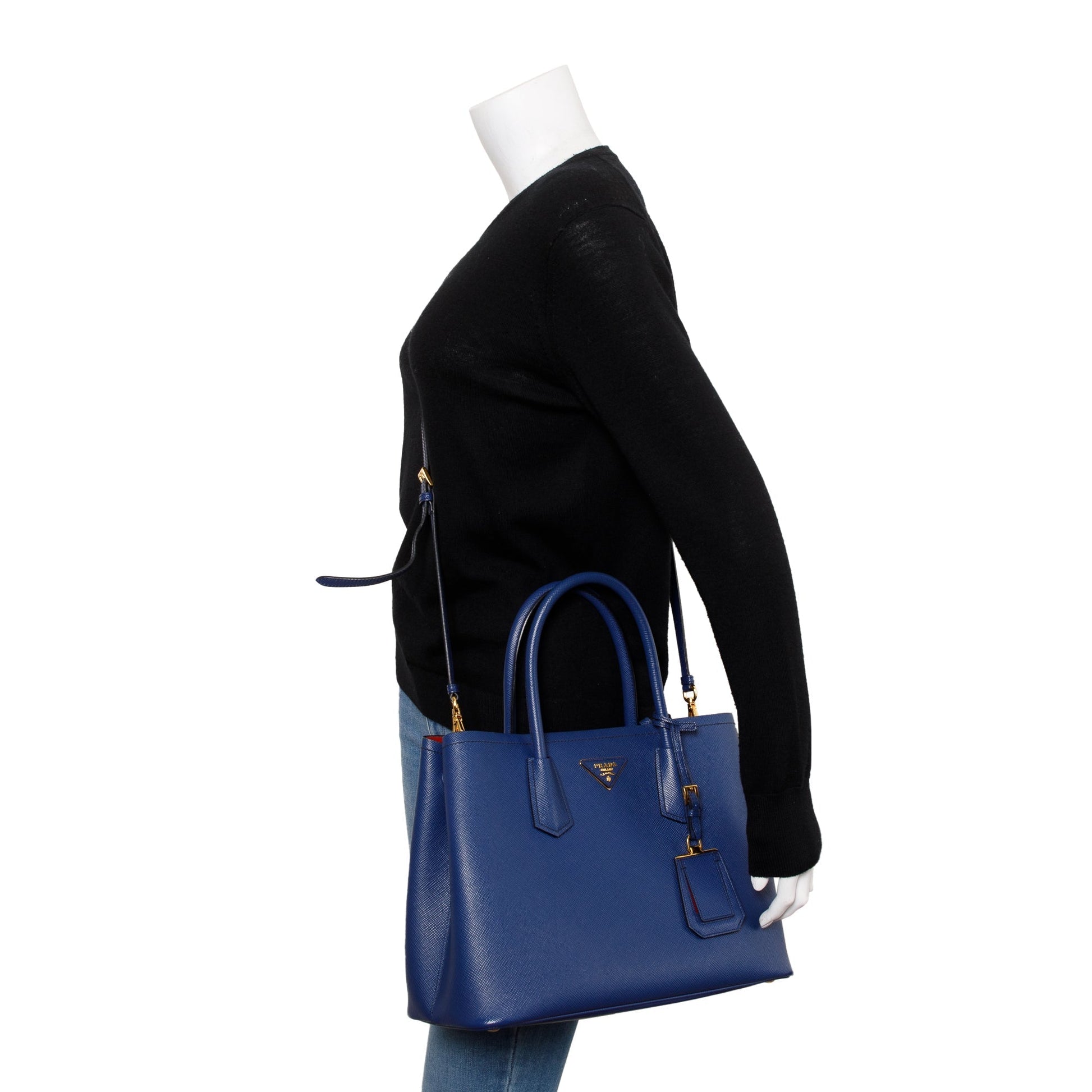 Prada Blue Saffiano Lux Medium Cuir Double Tote