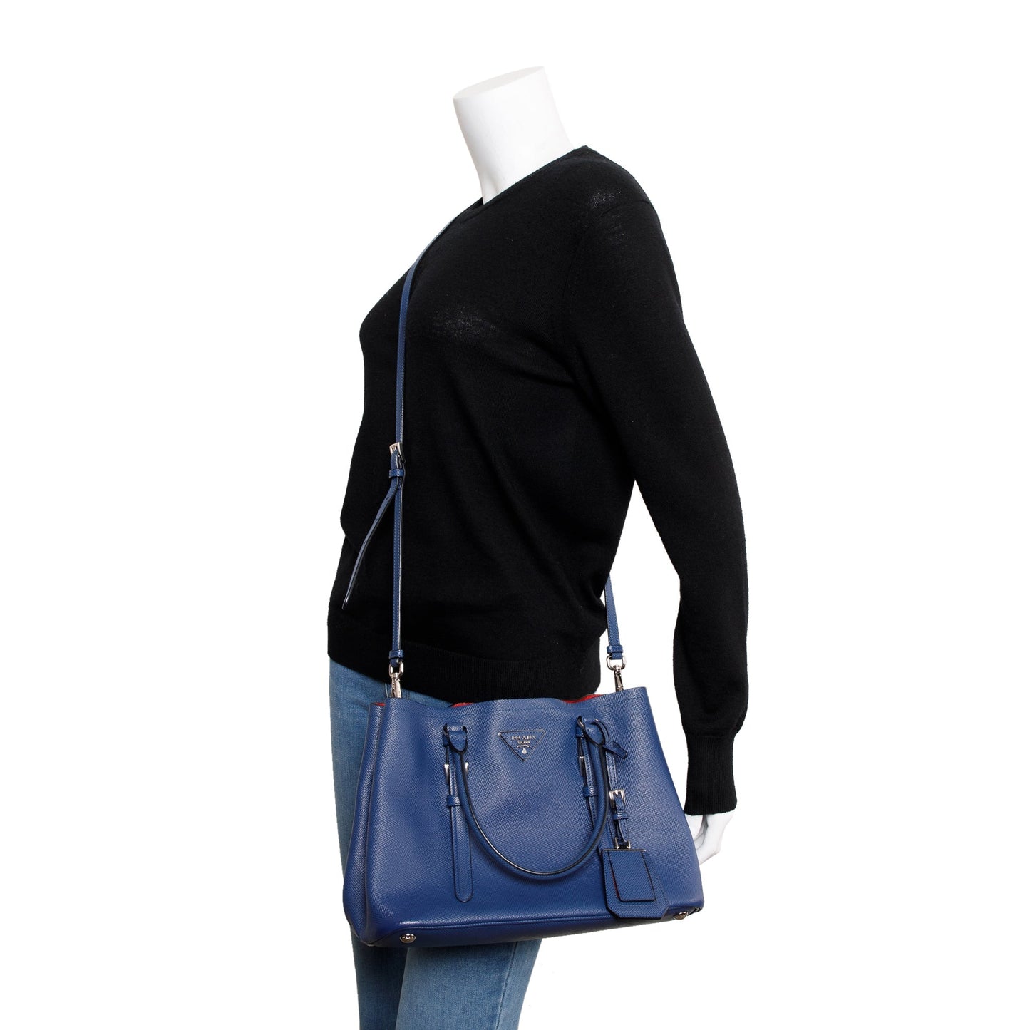 Prada Blue Saffiano Lux Small Cuir Double Tote