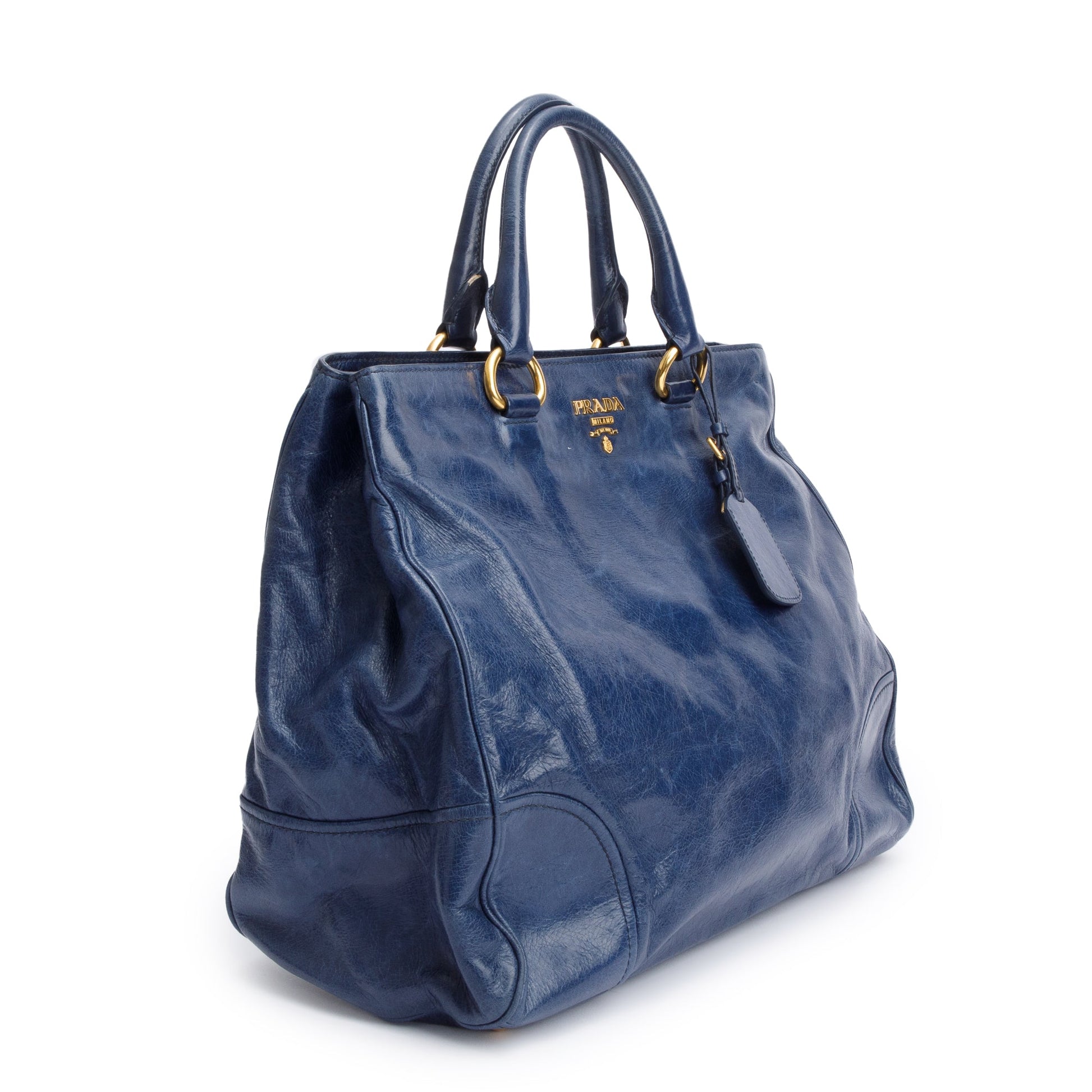 Prada Blue Vitello Shine Leather Shopping Tote