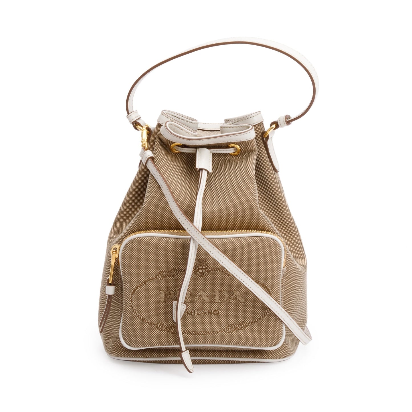 Prada Brown Logo Jacquard Bucket Bag