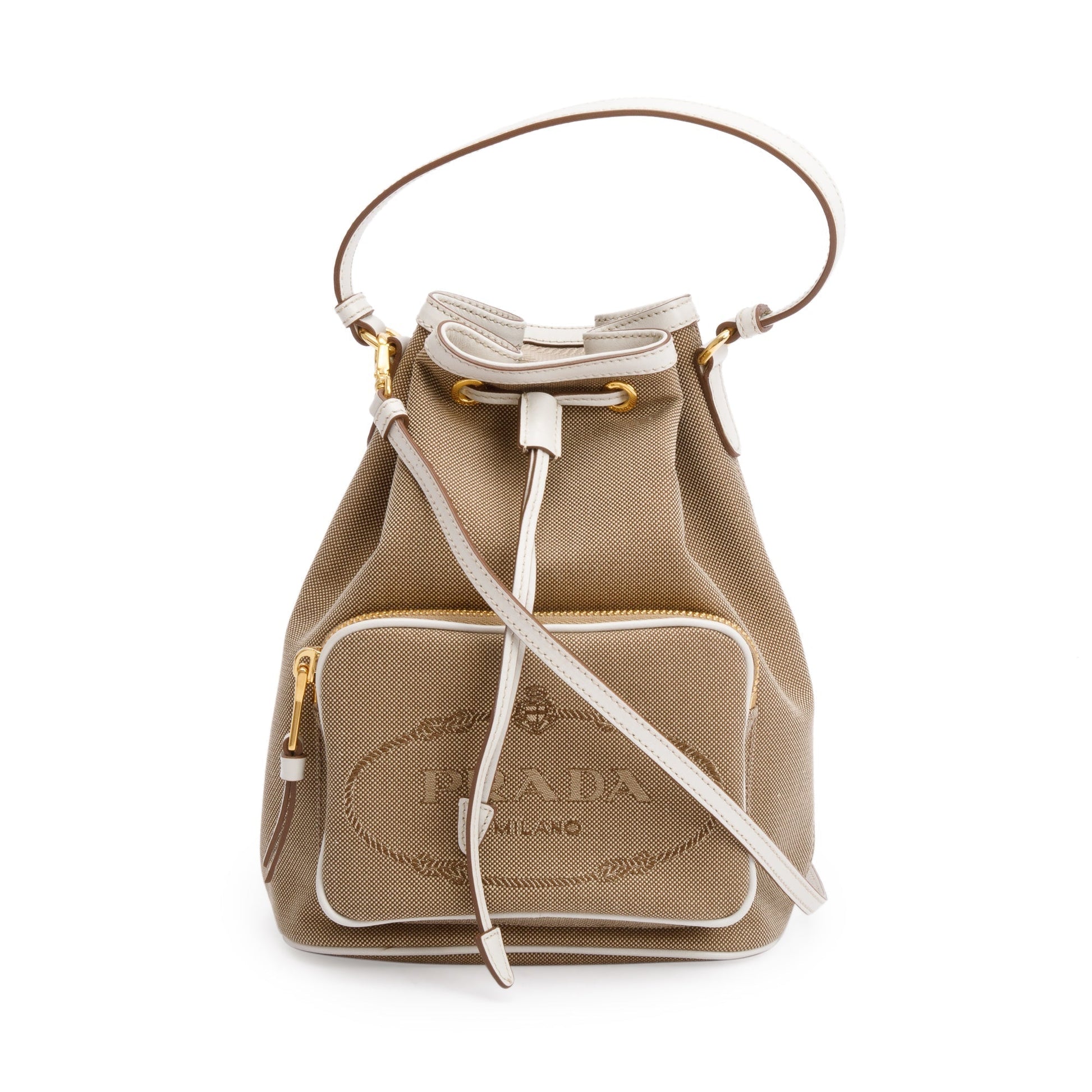 Prada Brown Logo Jacquard Bucket Bag