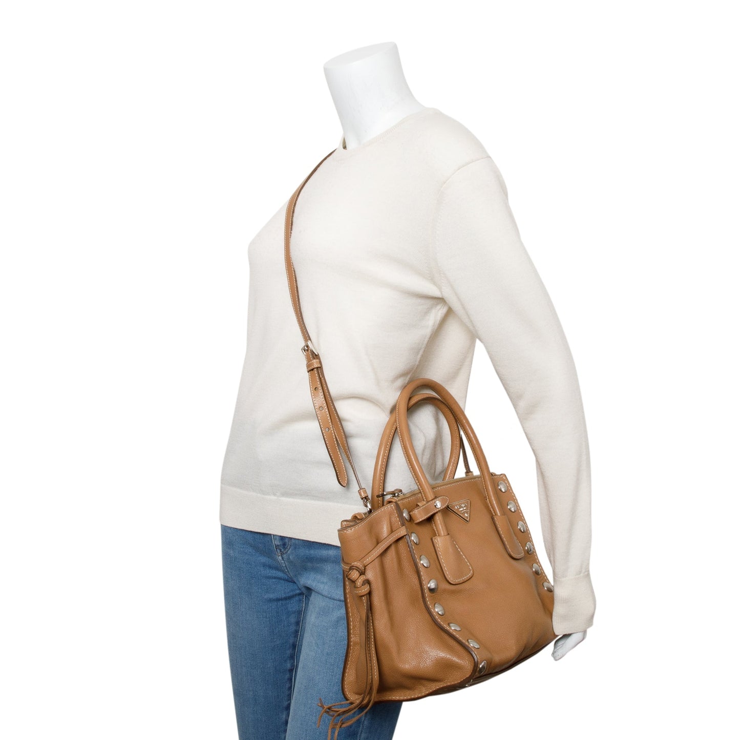 Prada Caramel Glace Calf Studded Twin Pocket Tote
