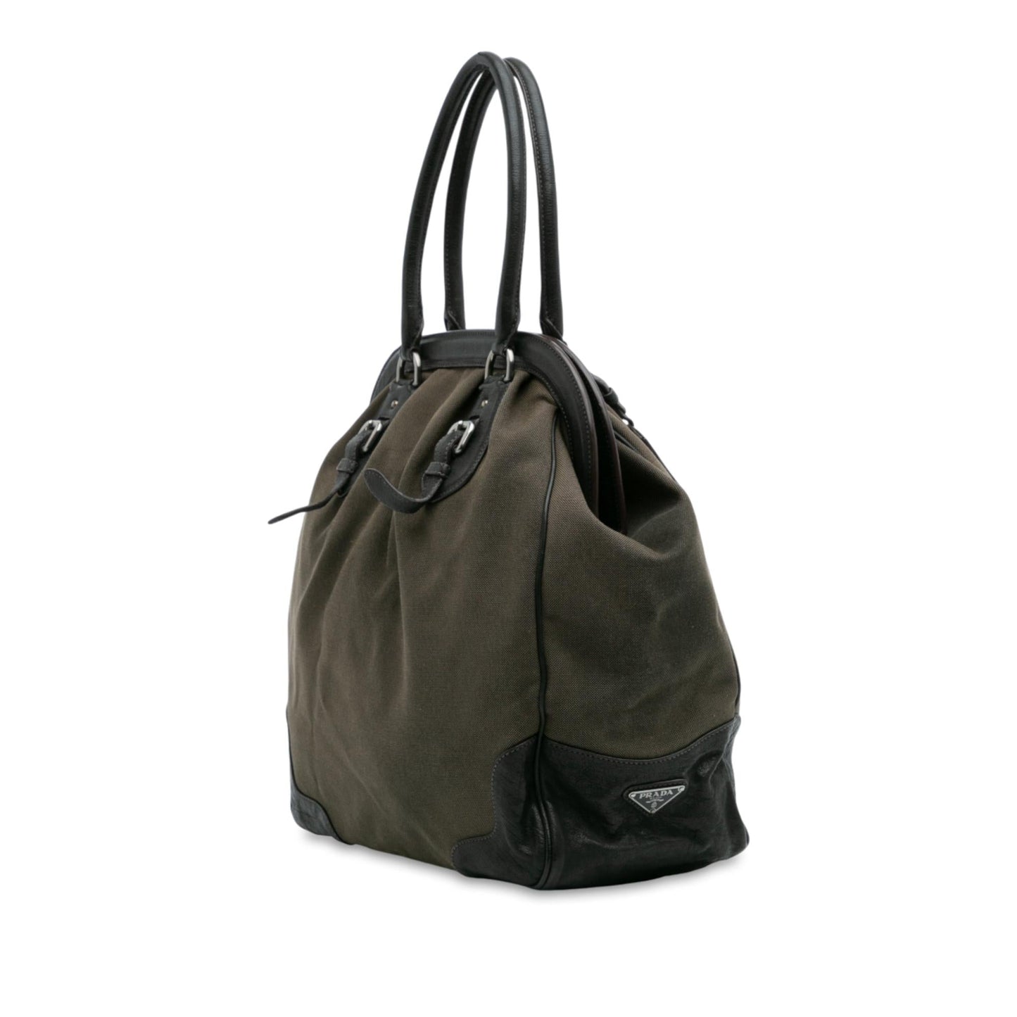 Prada Leather Trimmed Canvas Canapa Logo Frame Tote