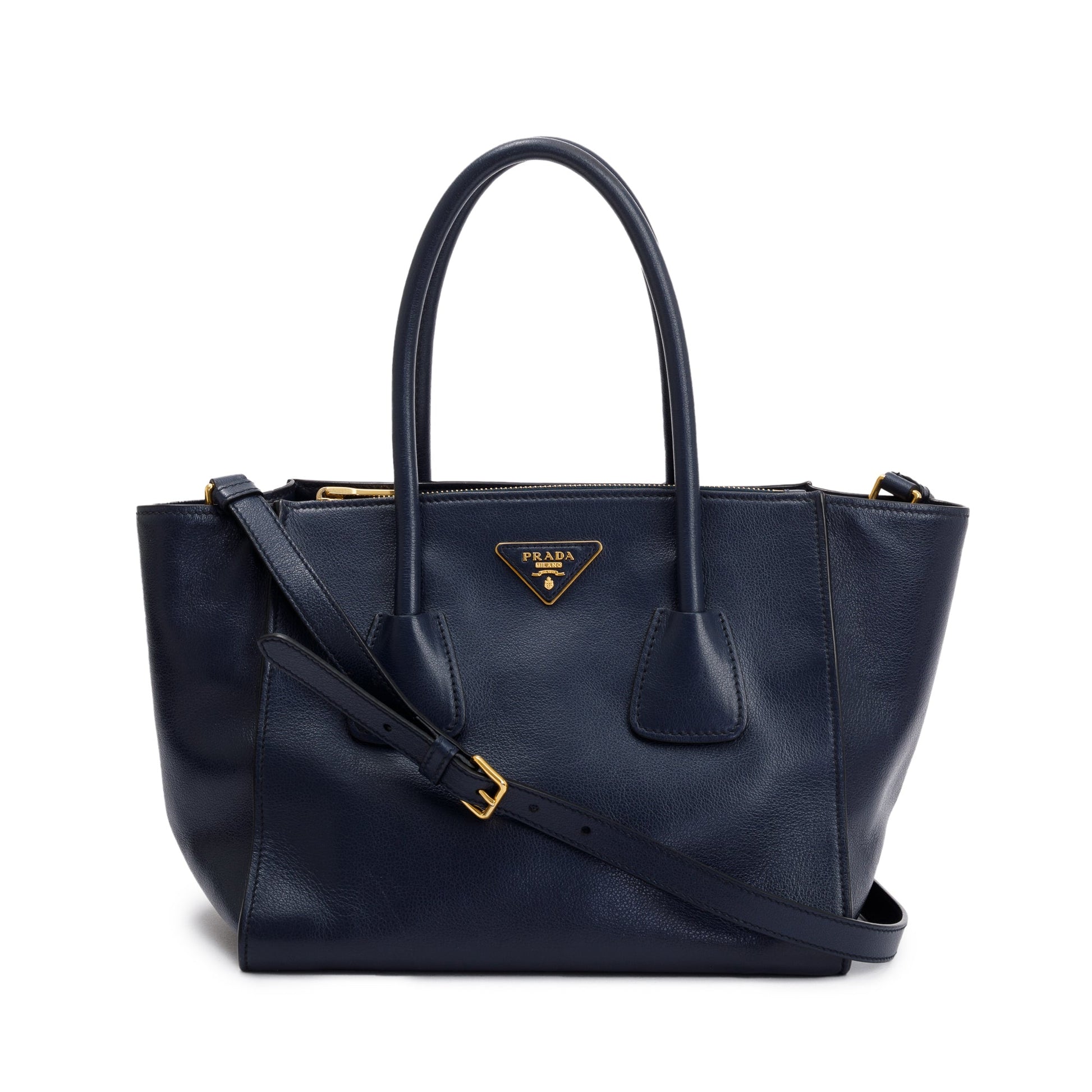 Prada Navy City Calf Small Twin Pocket Tote