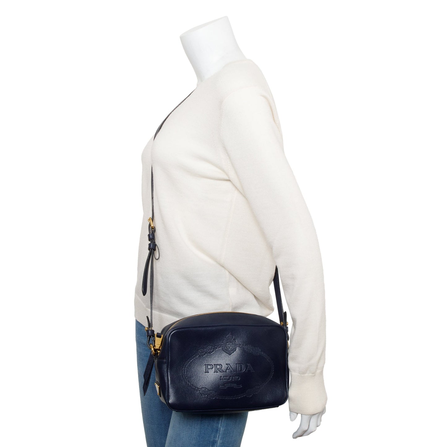 Prada Navy Glace Calf Leather Logo Camera Crossbody Bag