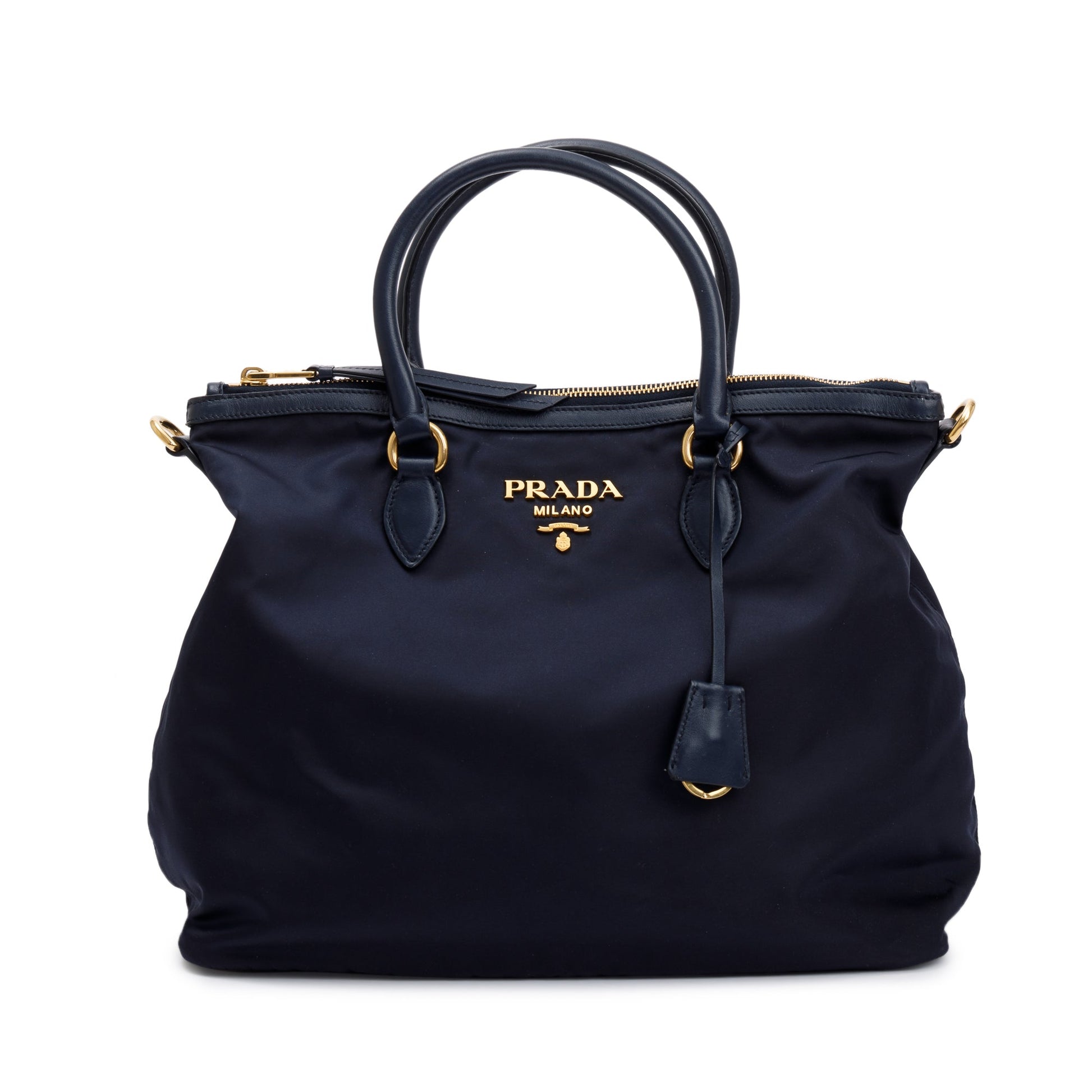 Prada Navy Leather Trimmed Tessuto Nylon Tote