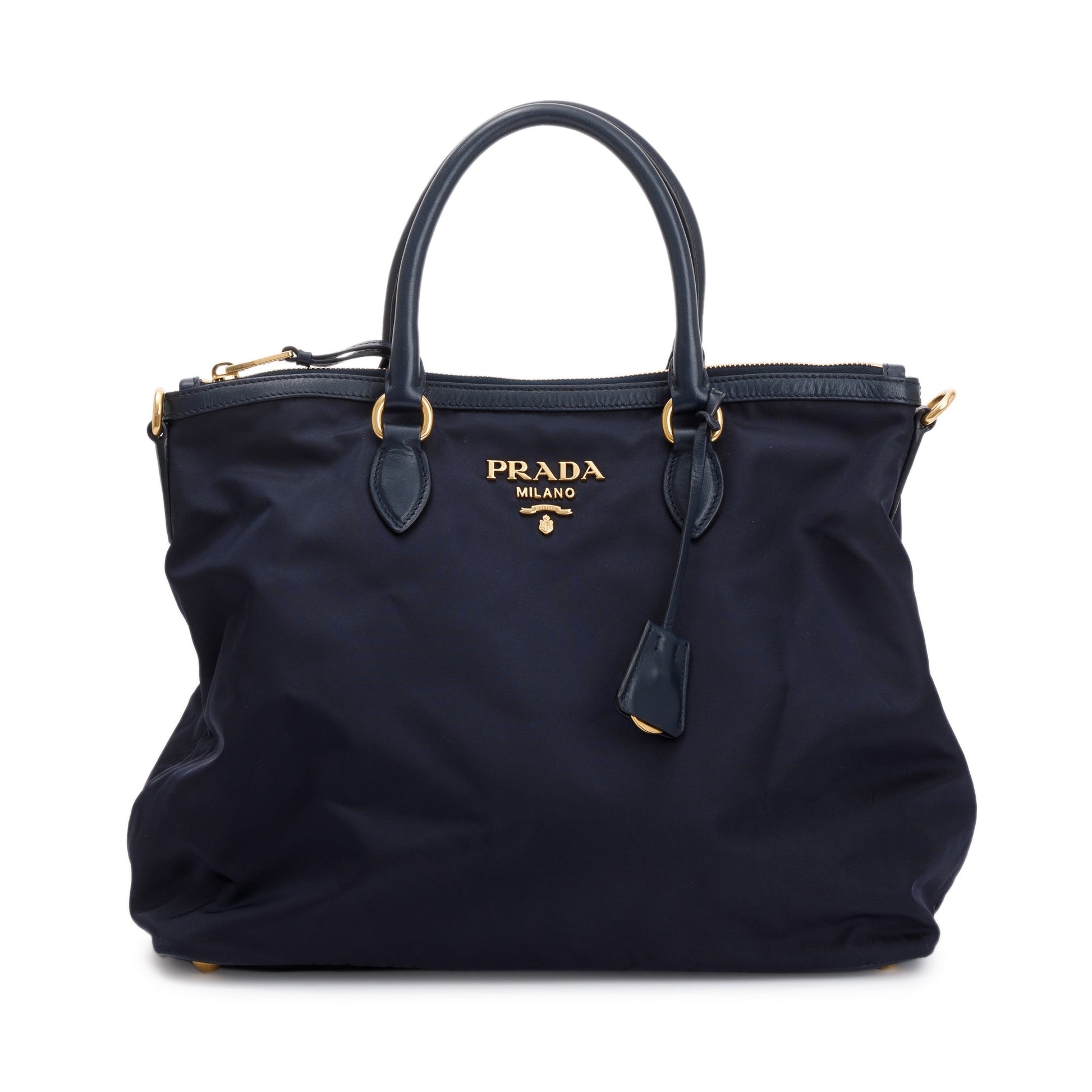 Prada Navy Leather Trimmed Tessuto Nylon Tote