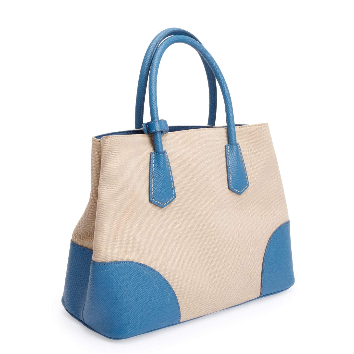 Prada Neutral Canvas Blue Saffiano Trim Medium Cuir Double Tote