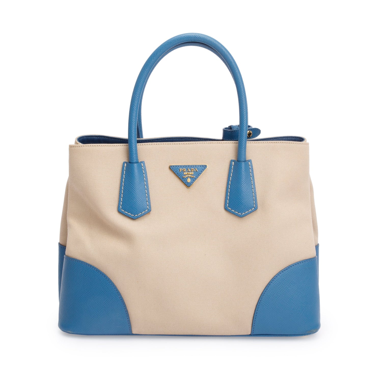 Prada Neutral Canvas Blue Saffiano Trim Medium Cuir Double Tote