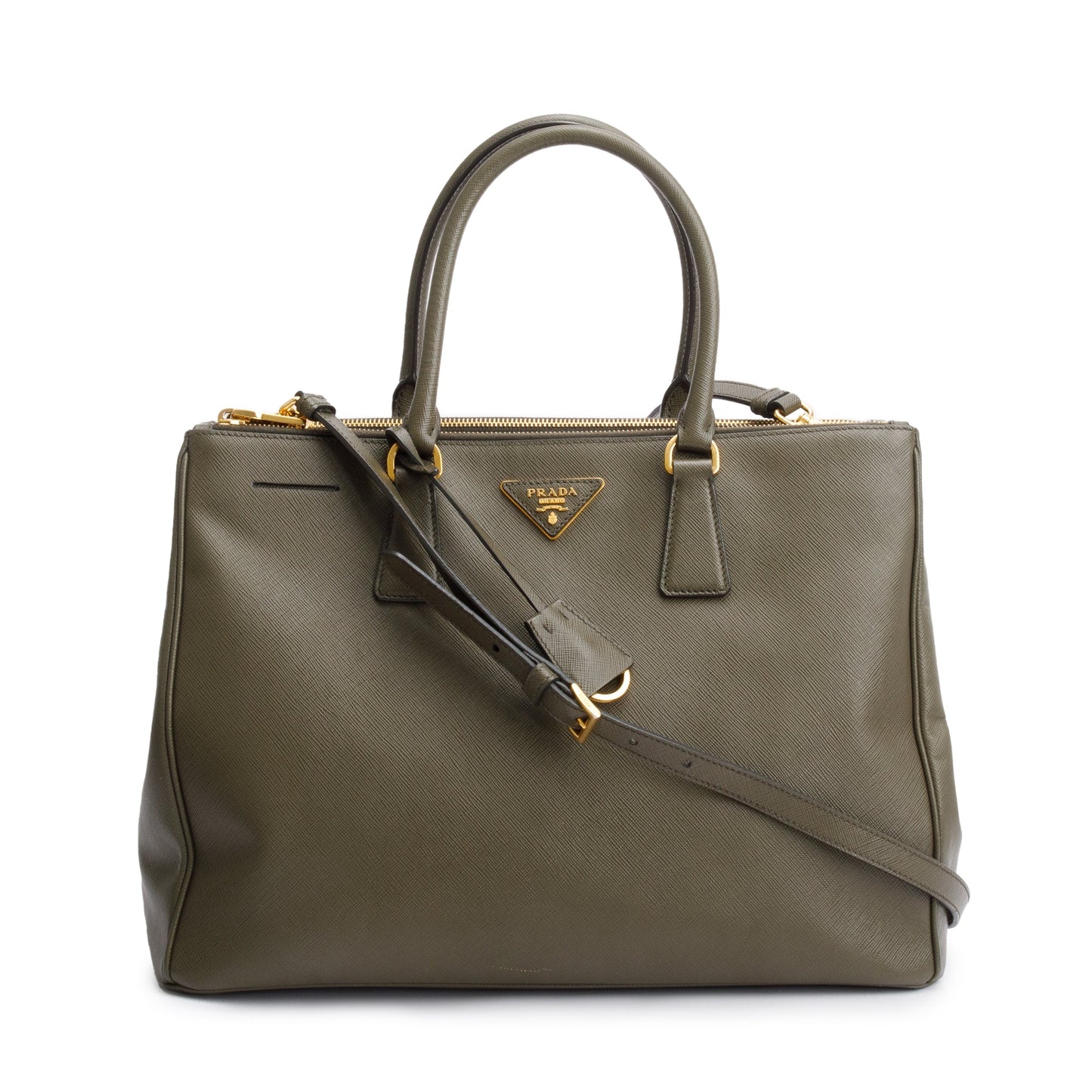 Prada Olive Green Saffiano Lux Large Double Zip Galleria Tote