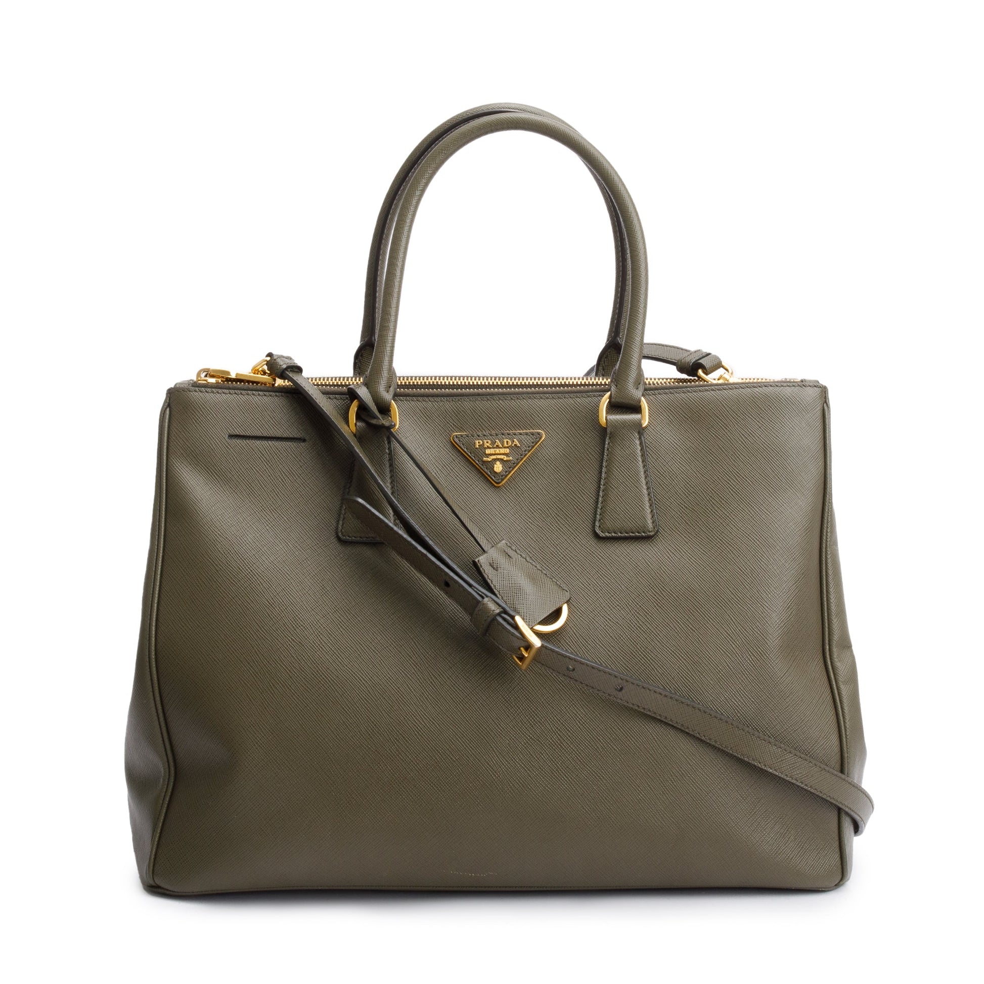 Prada Olive Green Saffiano Lux Large Double Zip Galleria Tote