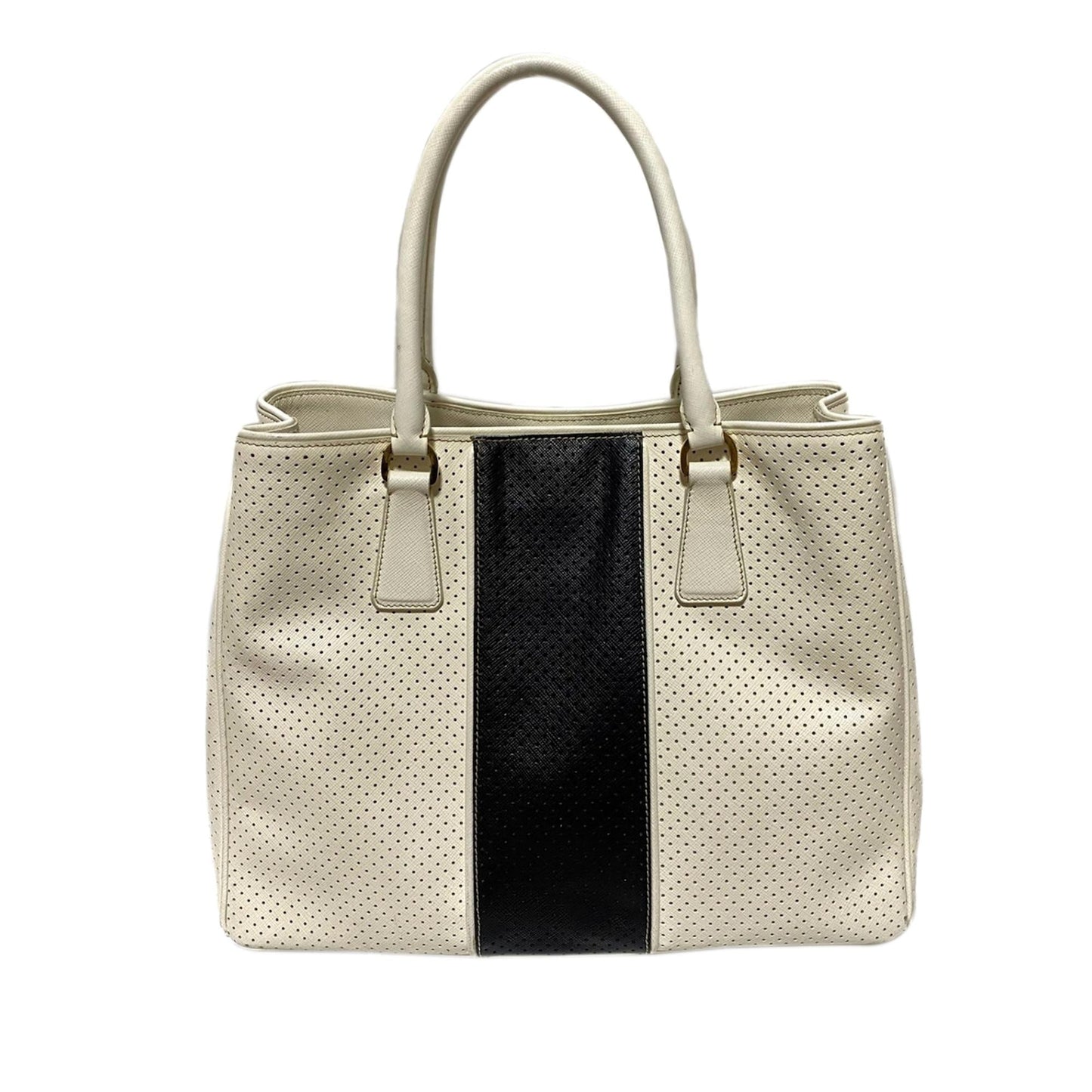 Prada Perforated Saffiano Fori Striped Handbag (SHG-36566)