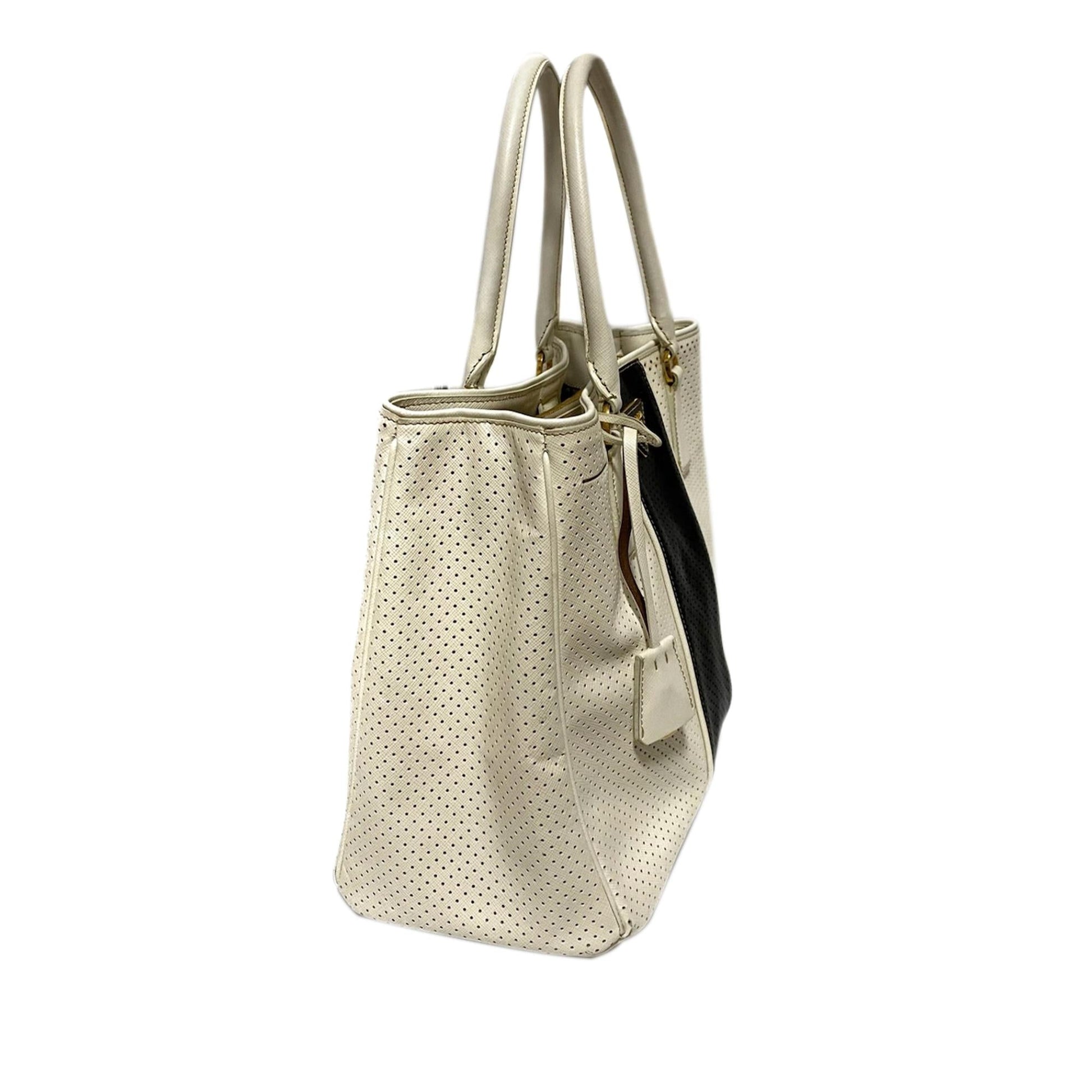 Prada Perforated Saffiano Fori Striped Handbag (SHG-37595)