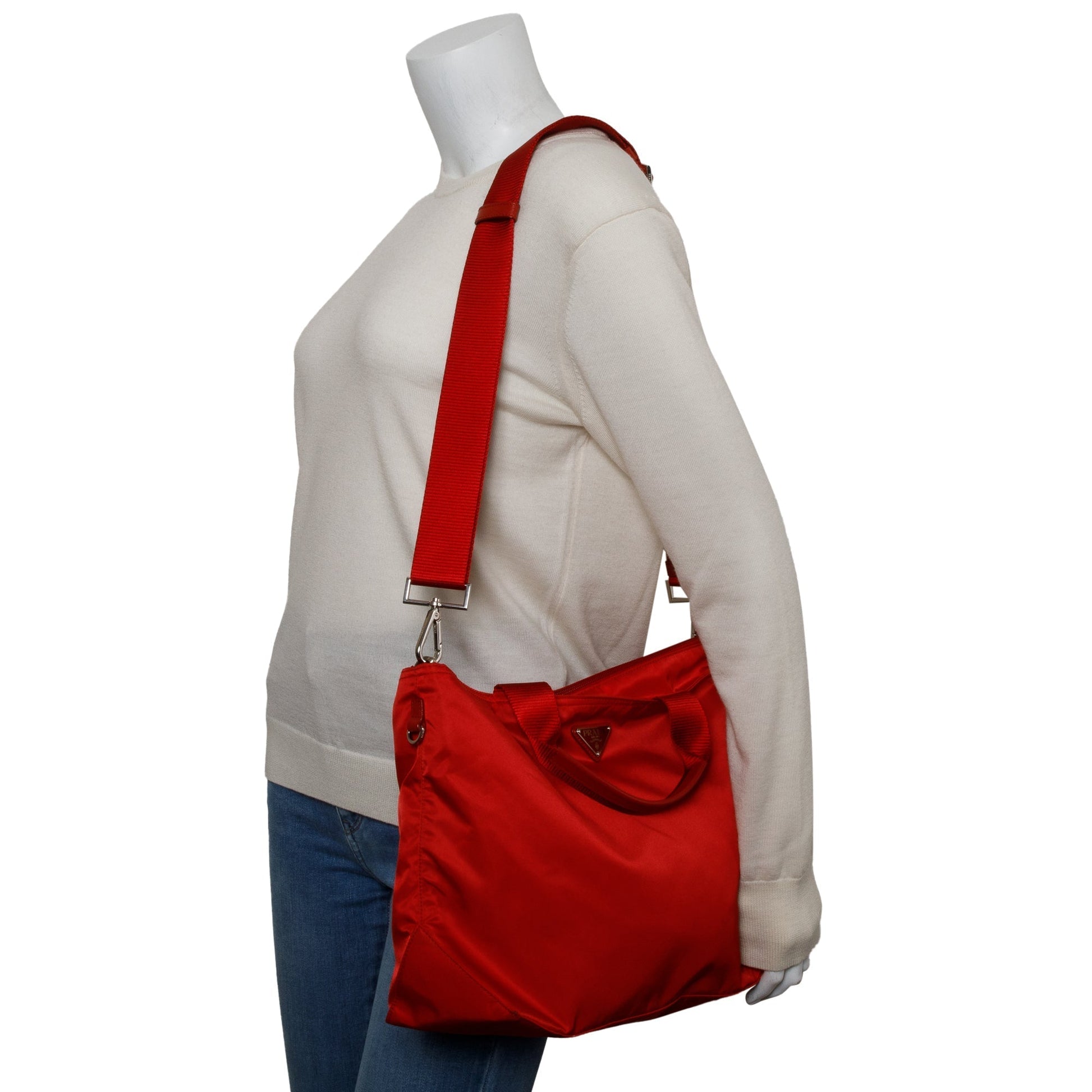 Prada Red Leather Trimmed Tessuto Nylon Convertible Tote