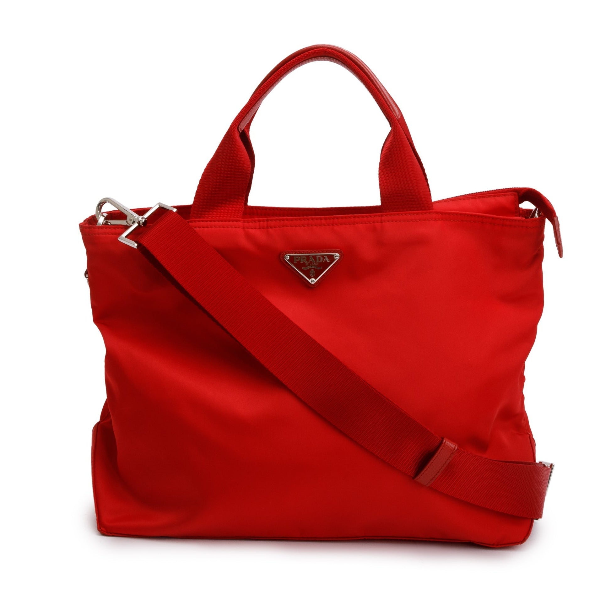 Prada Red Leather Trimmed Tessuto Nylon Convertible Tote