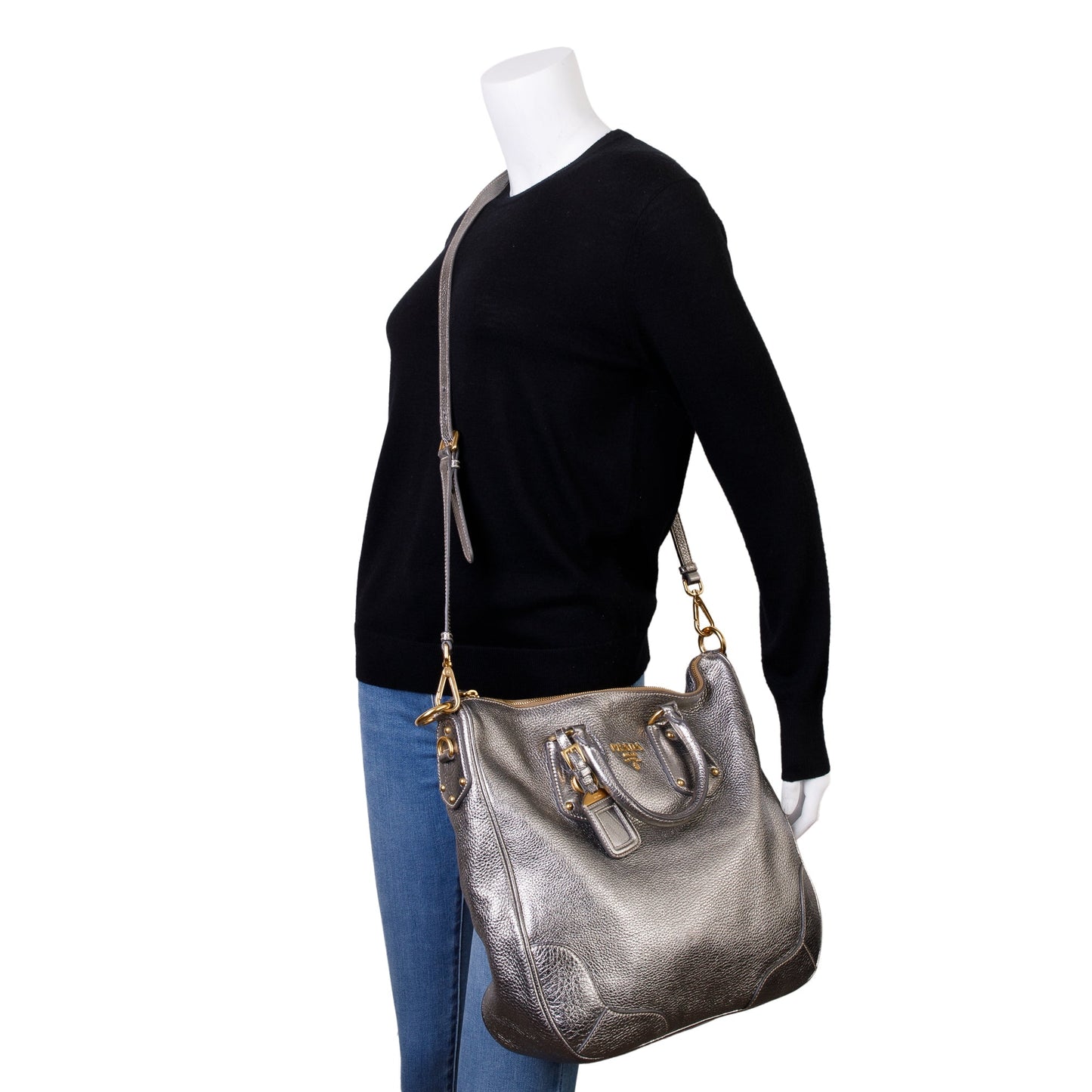 Prada Silver Vitello Daino Leather Tote