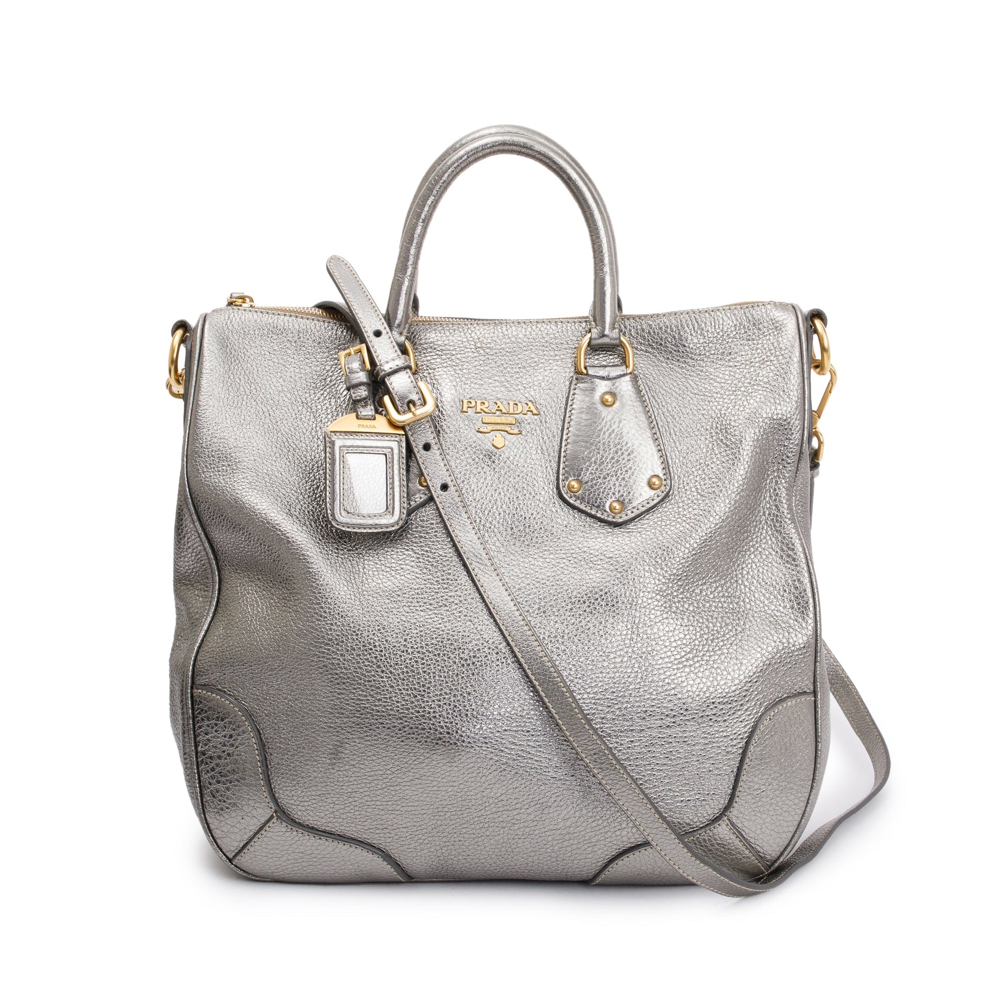 Prada Silver Vitello Daino Leather Tote