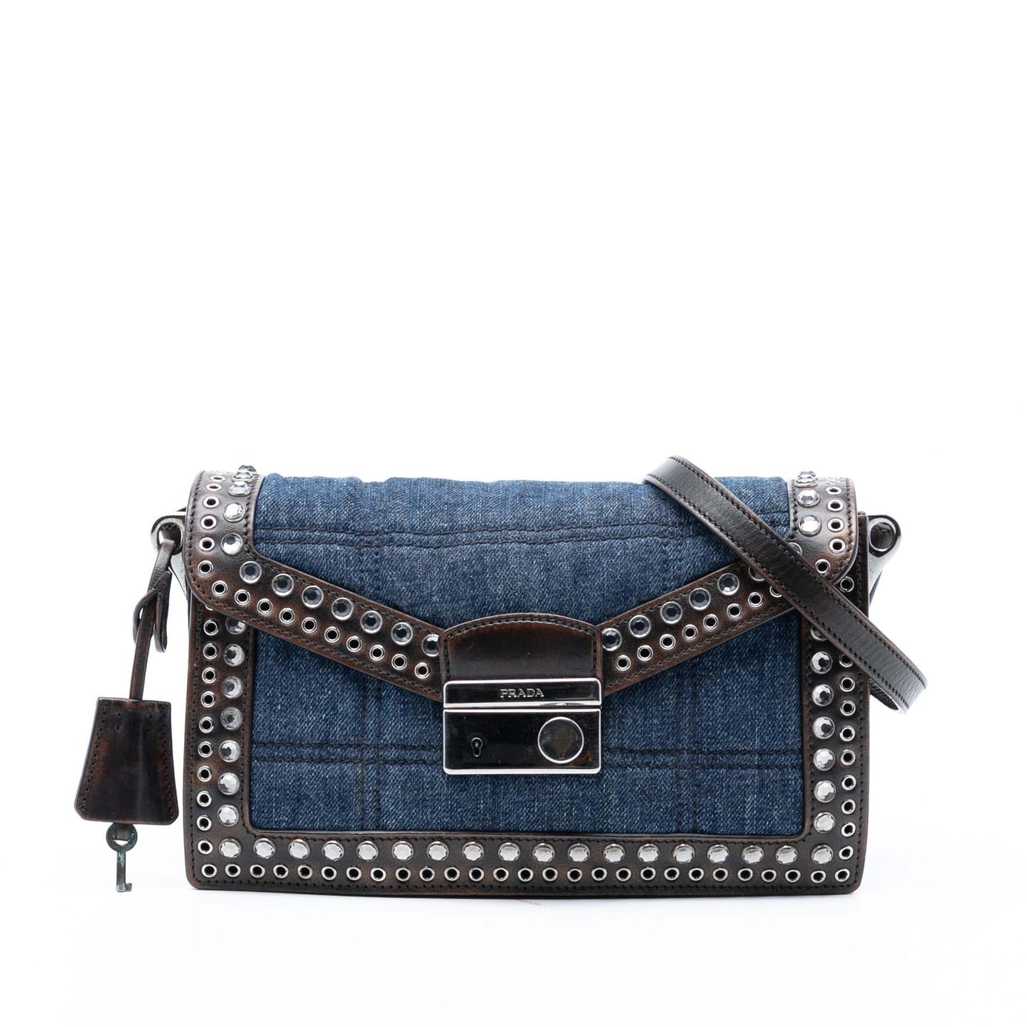 Prada Studded Denim Sound Lock Crossbody