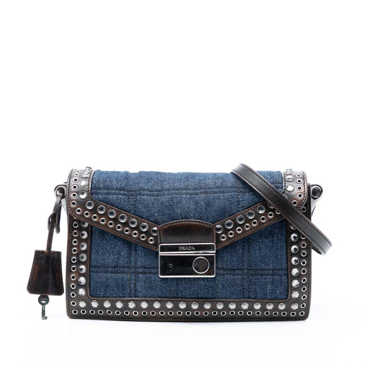 Prada Studded Denim Sound Lock Crossbody