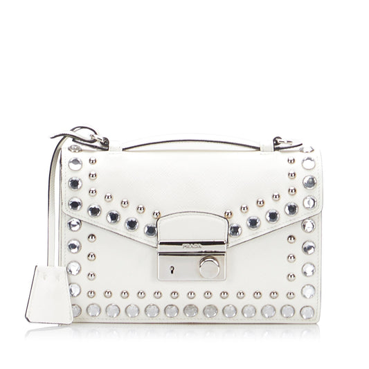 Prada Studded Saffiano Sound Lock Satchel (SHG-LanVCe)