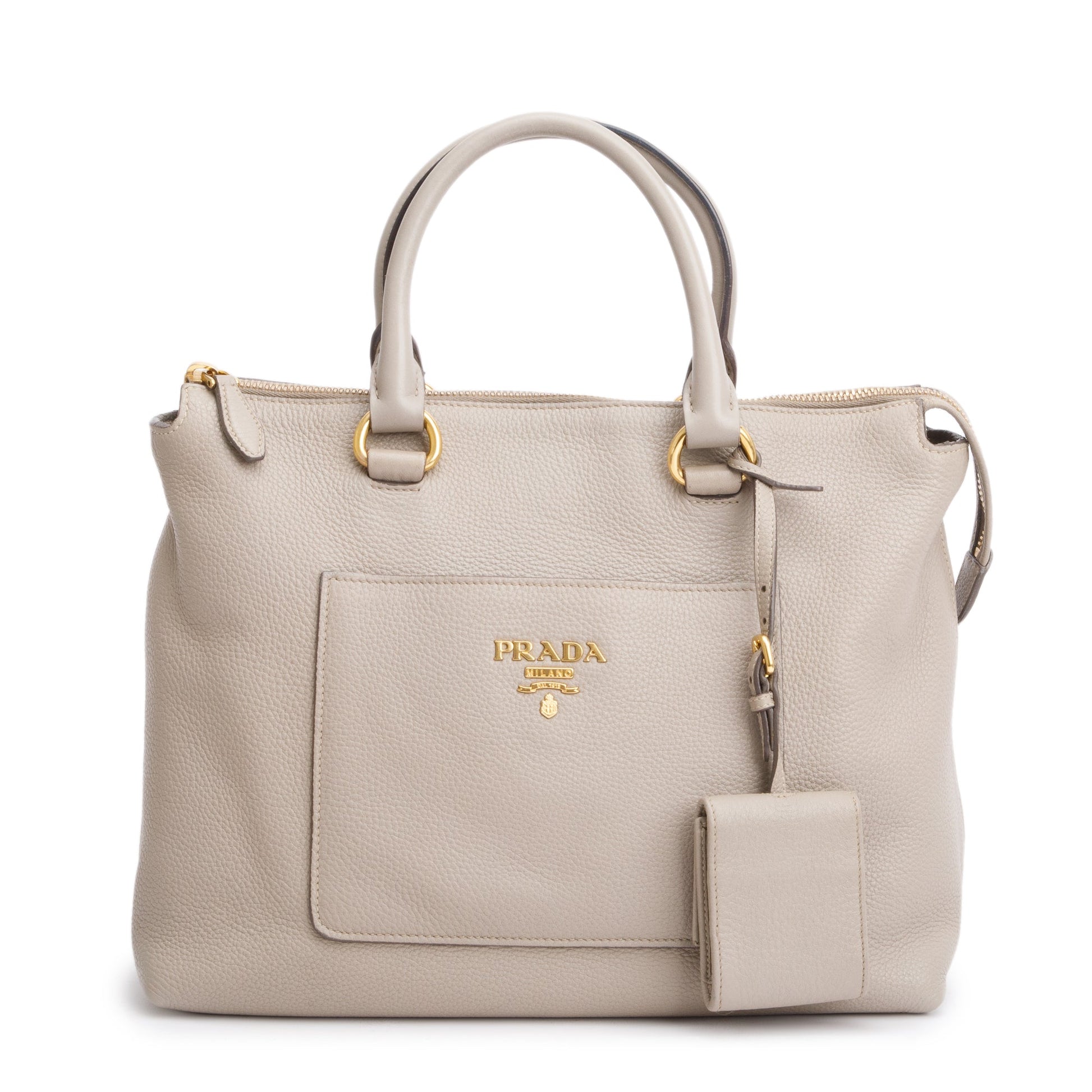 Prada Taupe Vitello Daino Leather Pocket Zip Tote